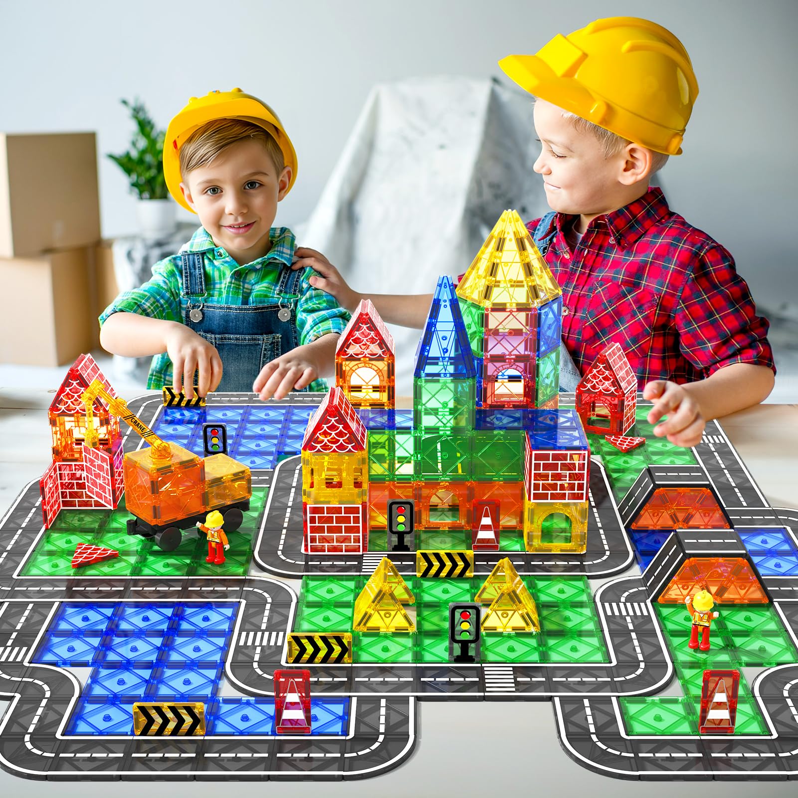 IGIVI Magnetic Tiles Road Set with Magnet Crane Car Toys, Construction Toys for Kids Ages 3-5 4-8 5-7, Creative Magnetic Building Blocks Toddler Toys, Gifts for 3+ Year Old Boys & Girls