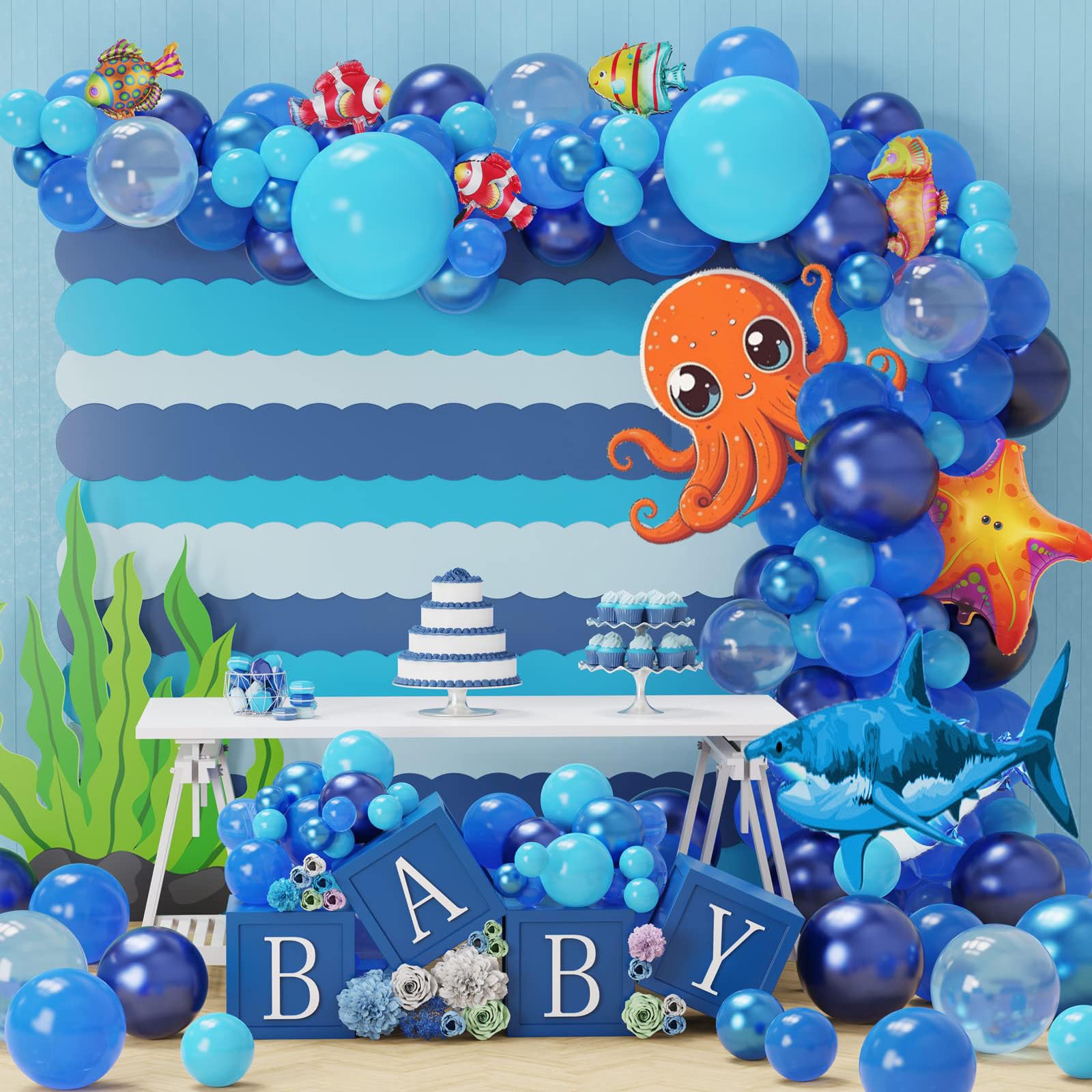 PageebO Ocean Animals Balloon Arch Kit-120pcs Midnight Blue Light Blue Metallic Blue with Different Ocean Animals Balloons for Birthday Party