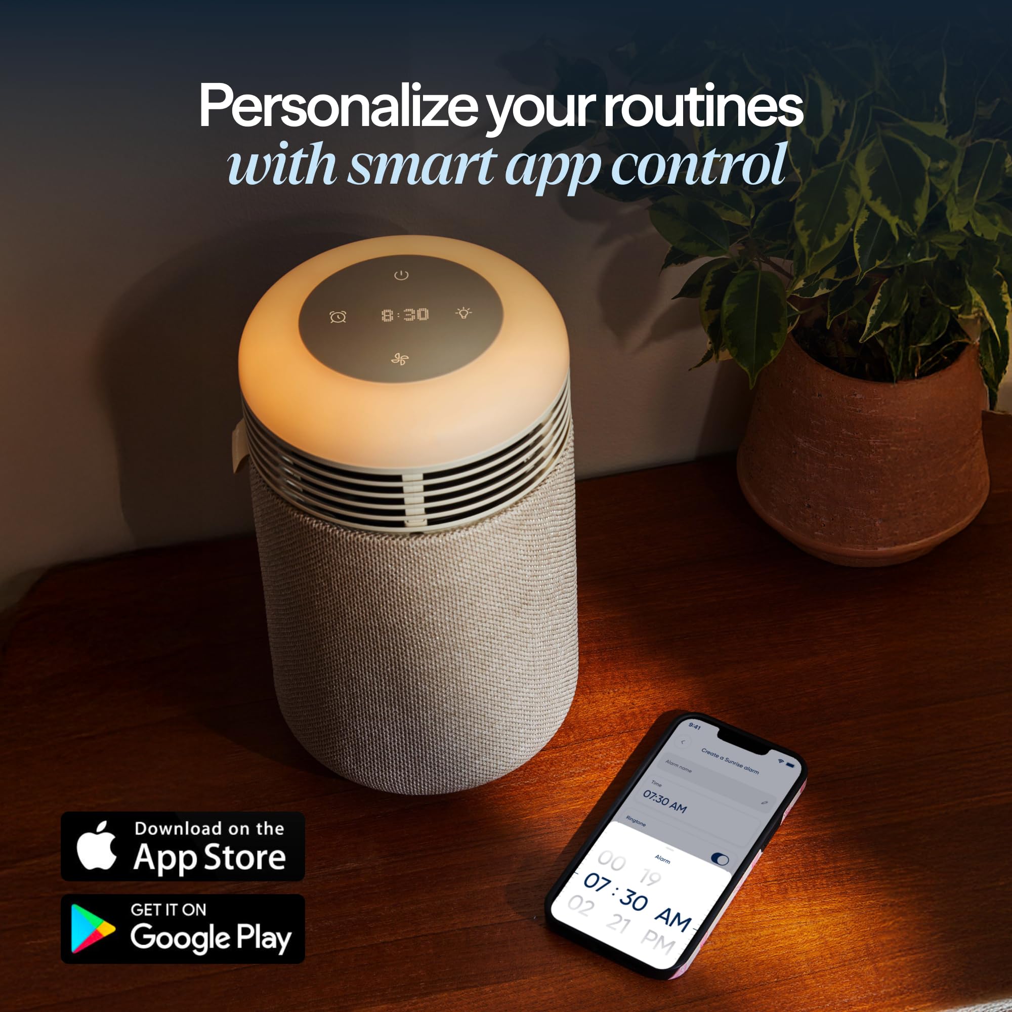 BLUEAIR Purifier for Bedroom - Mini Restful - Sunrise Clock with HEPASilent Filtration and Wake Up Light - Cleans Air and Supports Circadian Rhythm - USB-C and App Connectivity, Beige