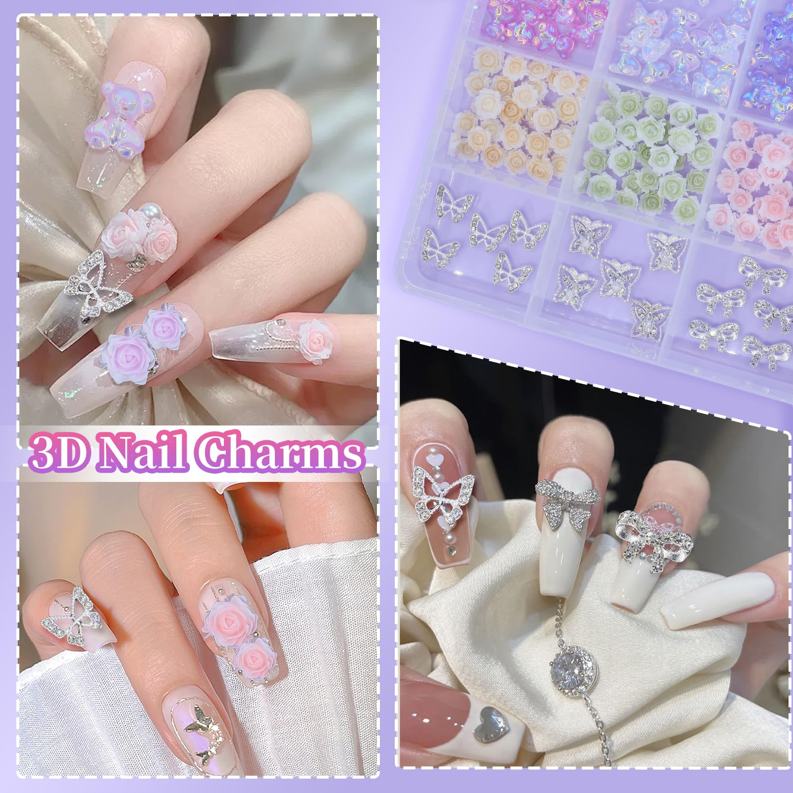 Assorted 3D Nail Charms Gems, Alloy Butterfly Bows Nail Gems+Color Mixed Camellia Rose Flower Nail Charms, Gummy Bear Candy Nail Charms Mix Size AB Rhinestones Nail Gems Pearls for Nail Art DIY