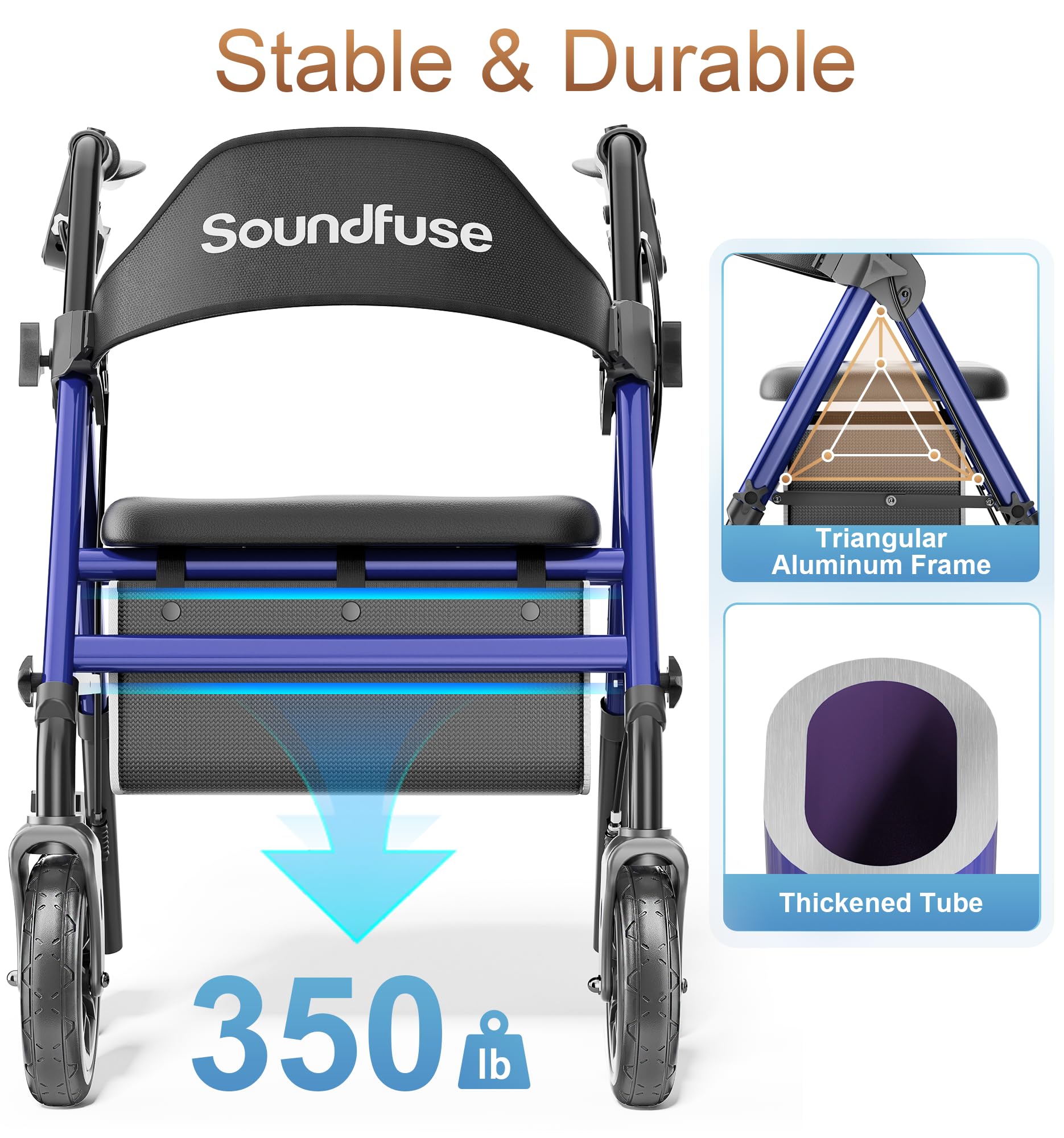 SOUNDFUSE Rollator Walkers for Seniors with Seat, Foldable Lightweight Rolling Walker with 8" Big PU Wheels, Ergonomic Seat, Dual Height Adjustment