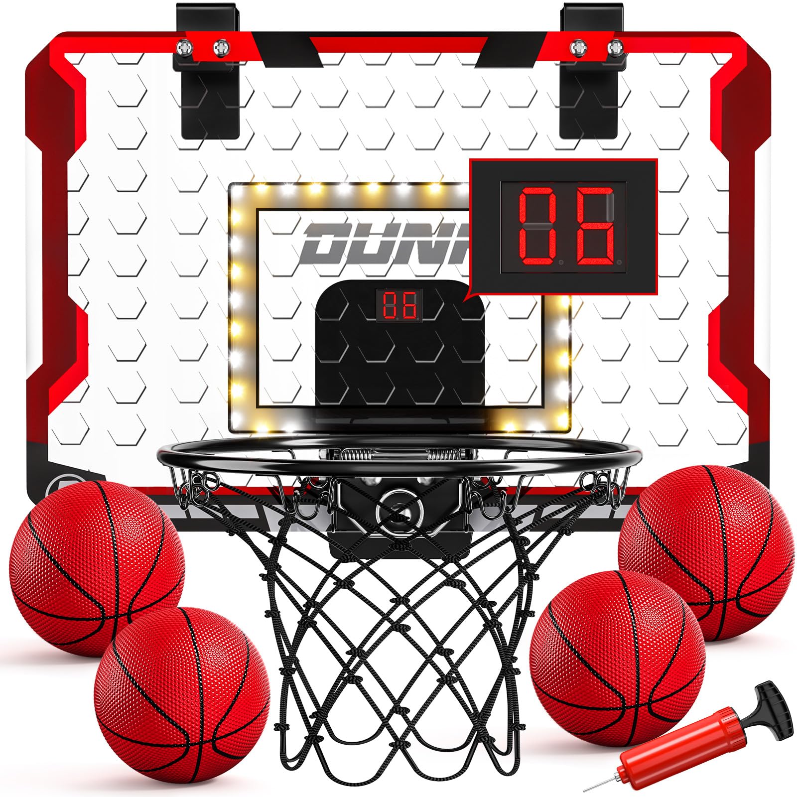 TEMI Basketball Hoop Indoor, LED Light Mini Basketball Hoop with 4 Balls & Electronic Scoreboard, Over The Door Basketball Hoop, Basketball Gifts for 5 6 7 8 9 10 11 12 Year Old Boys Girls Kids Teen