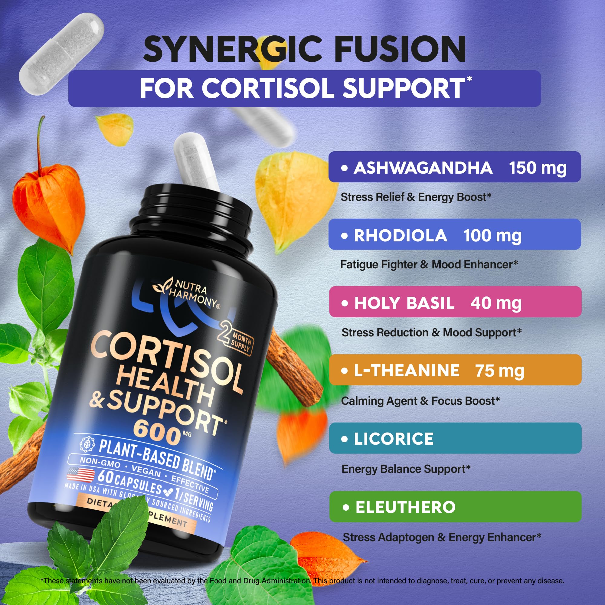 Cortisol Supplement for Women - Holy Basil | Ashwagandha | Rhodiola | L-Theanine - Plant-Based Hormone Balance - Mood, Focus & Sleep Support - Made in USA - Vegan, Non-GMO - Pack of 2, 4 Month Supply