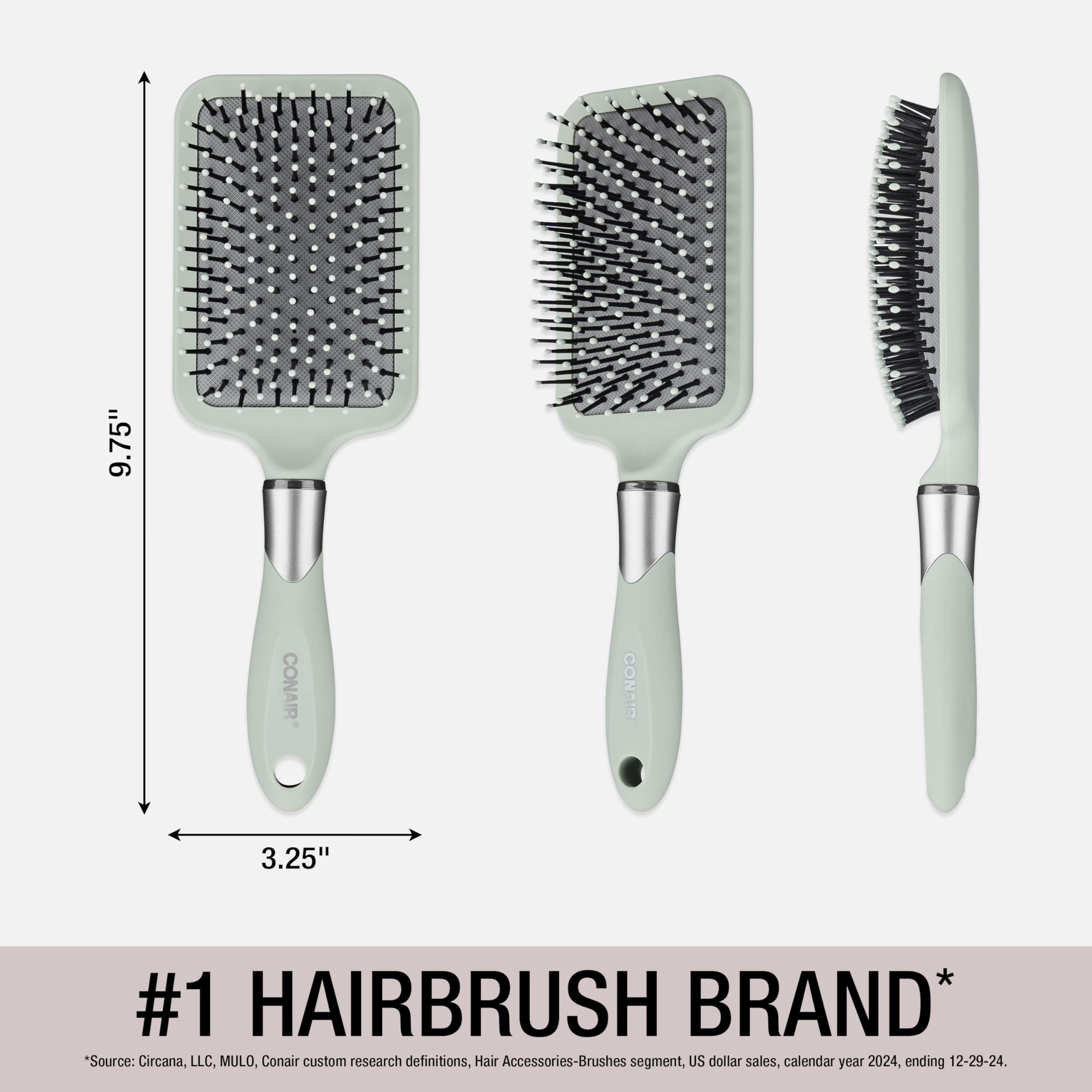 Conair Velvet Touch Paddle Cushion hair brush - Detangling hairbrush - curly or straight styles - men or women - detangler - features soft touch handle - Sage Green