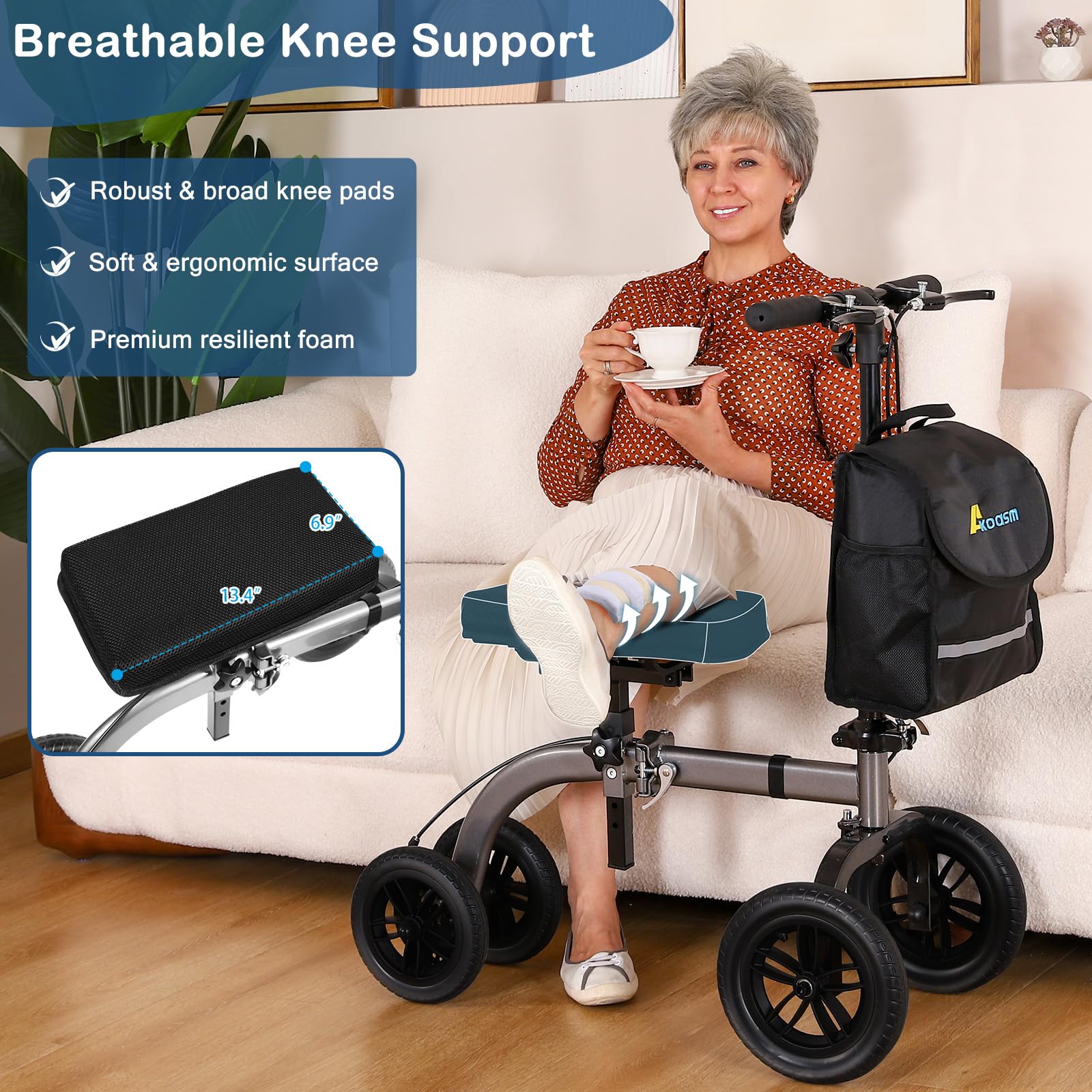 Akoasm Collapsible All Terrain Knee Scooter for Adults for Foot Surgery, Adjustable Knee Walker Cart with Basket, Alternative to Crutches for Broken Leg Ankle Injuries, Dual Brakes, Grey