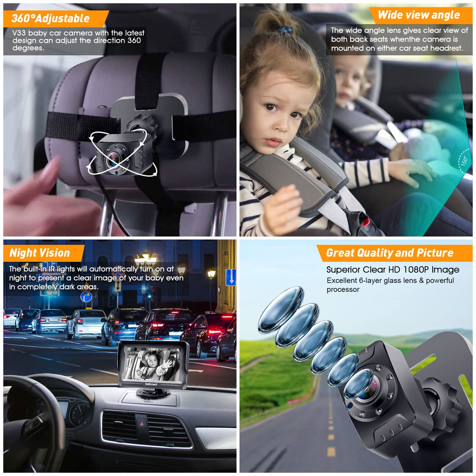 DoHonest Baby Car Camera for Backseat: HD 1080P Easy Setup Carseat Camera Rear Facing Infant - Crystal Night Vision 360° Rotating Baby Car Monitor for Kids - V33