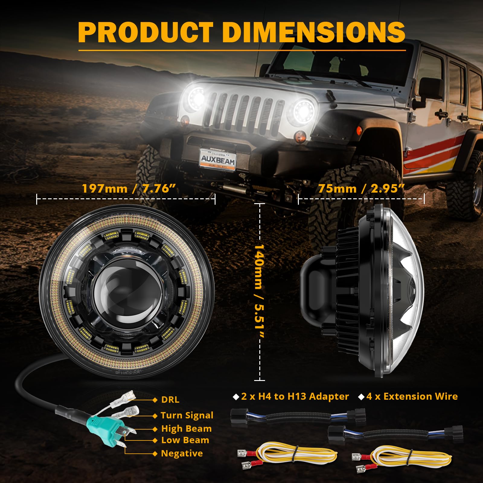 Auxbeam 7 Inch LED Headlights Black H6024 with DRL & Turn Signal & Start-up Gradient Welcome Light Replacement for 1997-2018 Jeep Wrangler JK JKU TJ LJ CJ, DOT Approved Anti-glare 7" Round Headlamps