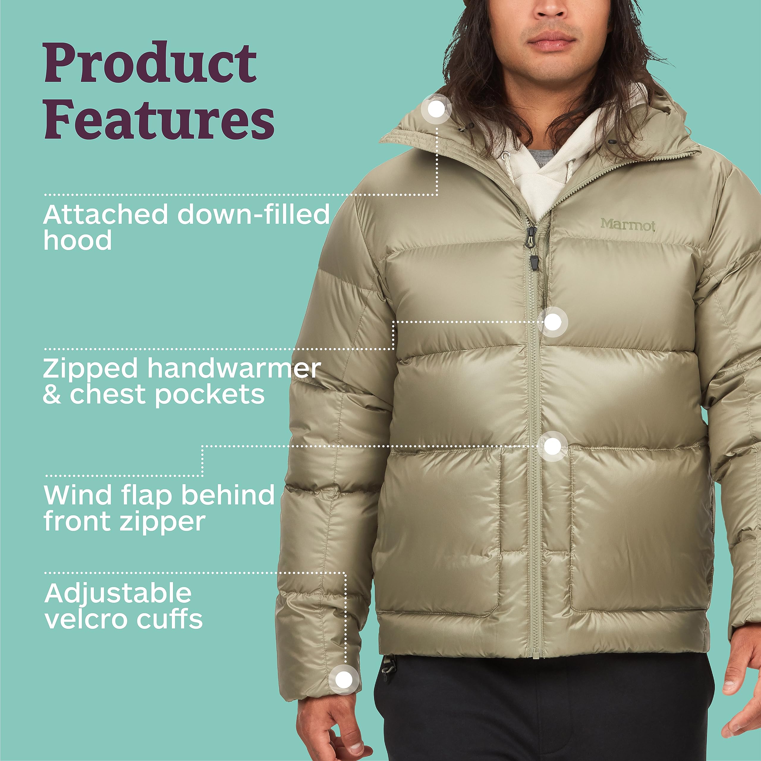 MARMOT Men’s Guides Hoody Jacket | Down-Insulated, Water-Resistant, Lightweight, Vetiver, Medium