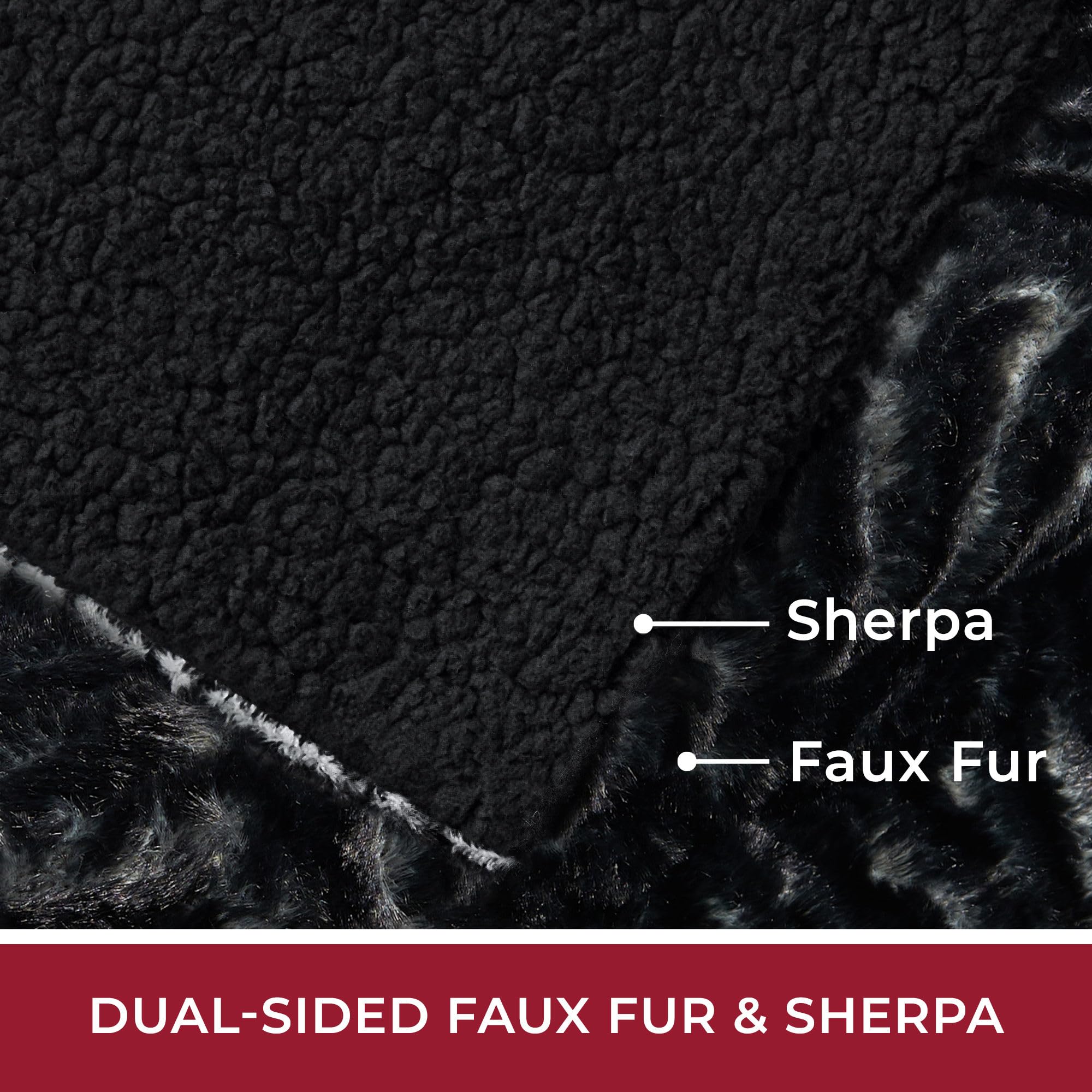 Mellanni Faux Fur Fuzzy Blanket - Soft Shaggy Plush Throw Blanket - Dual-Sided Faux Fur & Sherpa (50" x 60", Black)