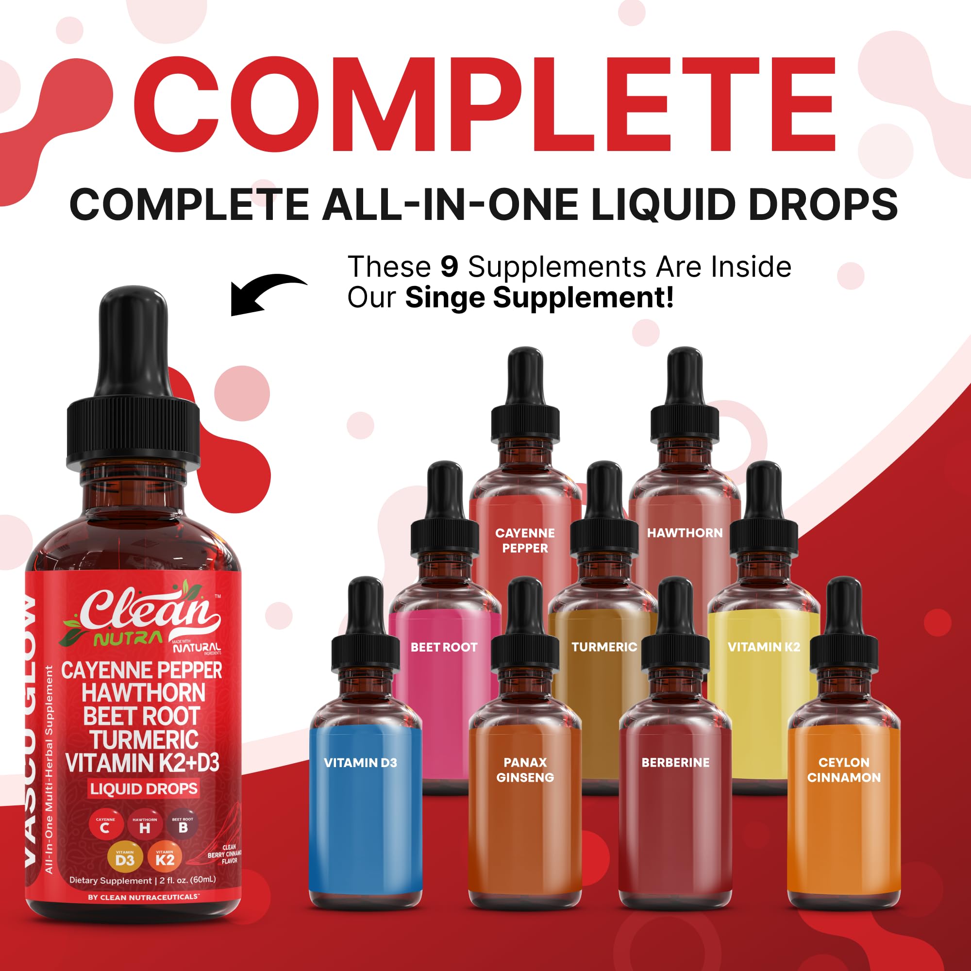 Clean Nutra Cayenne Pepper Drops Supplement Liquid + Hawthorn Berry, Vitamin D3 K2 Beet Root Powder, Ceylon Cinnamon, Turmeric Curcumin, Organic Panax Ginseng, Berberine Extract 1 Pack