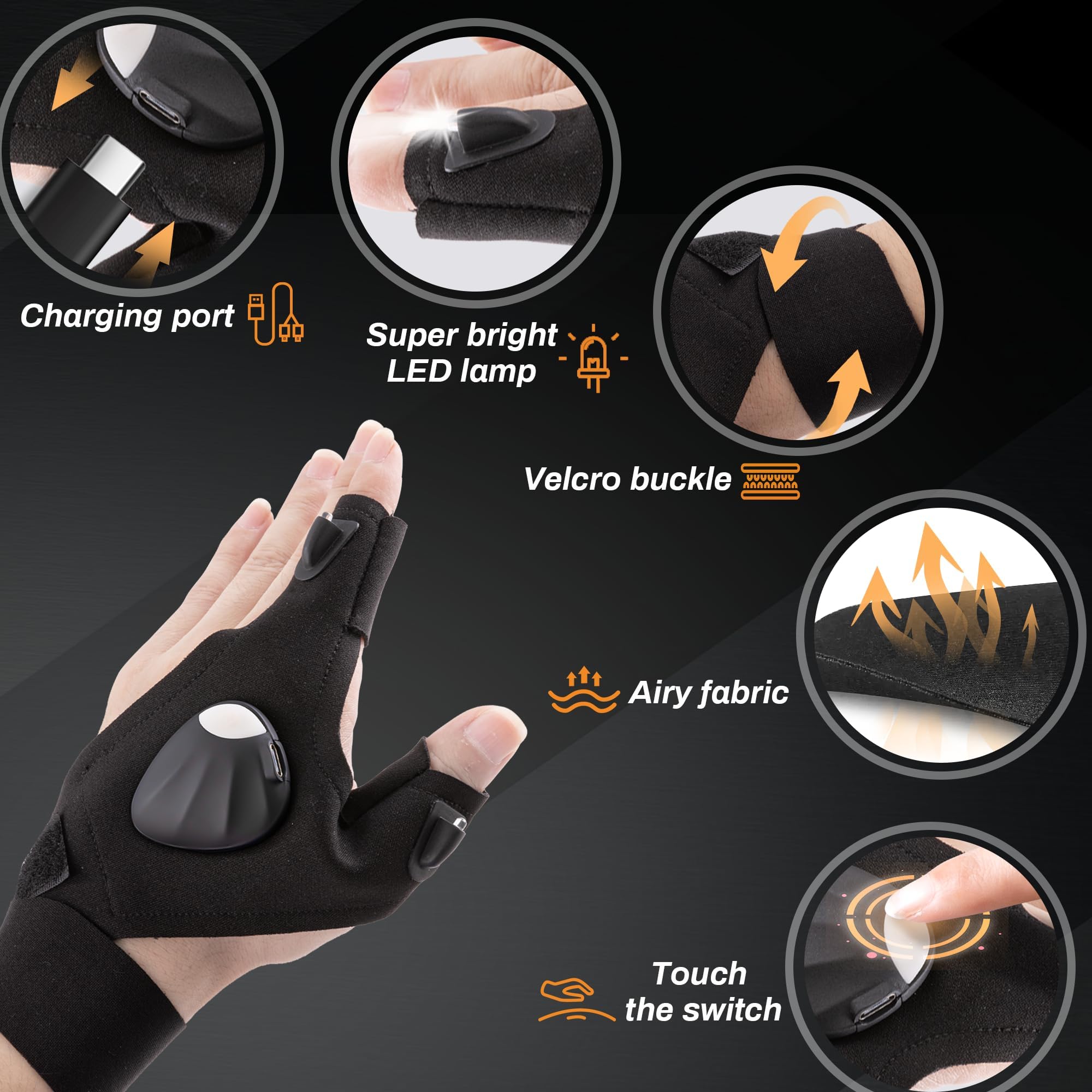 KOOPOOL Father's Day Gifts for Dad Husband Boyfriend, 1st Father Day Gift Ideas from Kid Daughter Son Wife, Finger Lights for Men, LED Light Gloves, Rechargeable Flashlight Glove