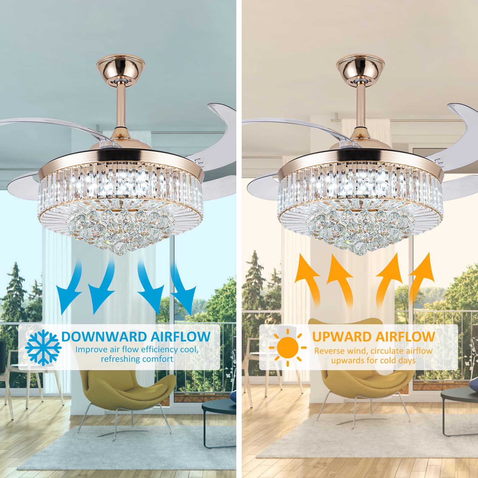 36'' Stepless Dimming Chandelier Crystal Ceiling Fan with Lights, Reversible Modern Fandelier with Remote Retractable Invisible Blades 6 Speeds Indoor Ceiling Fan Light for Living Room Bedroom Kitchen