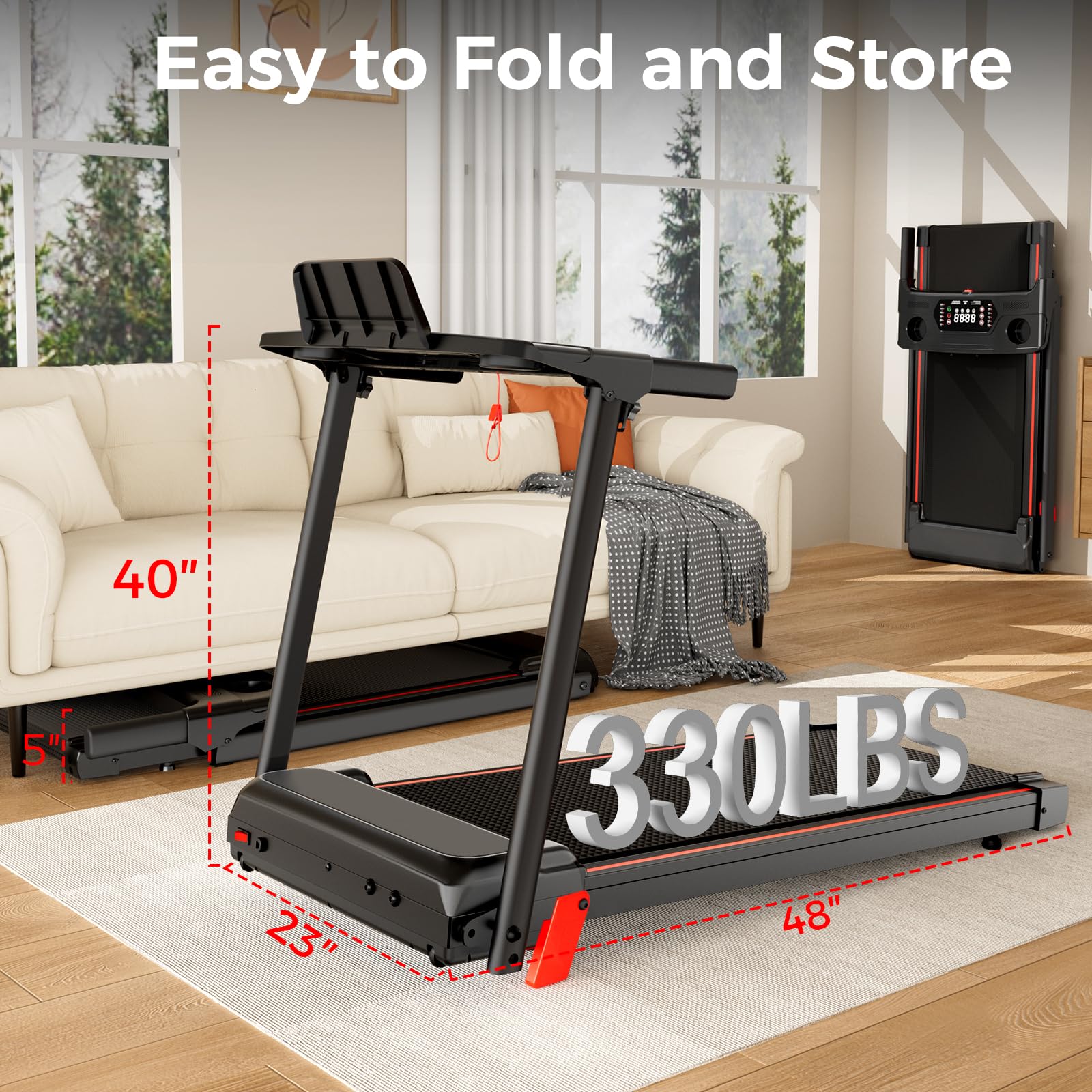 Treadmill with 8% Incline, Walking Pad Treadmill with Handle Bar, Portable Folding Treadmills for Running and Walking, 3.0HP Brushless Motorized, 5 Layers Shock-Absorbing