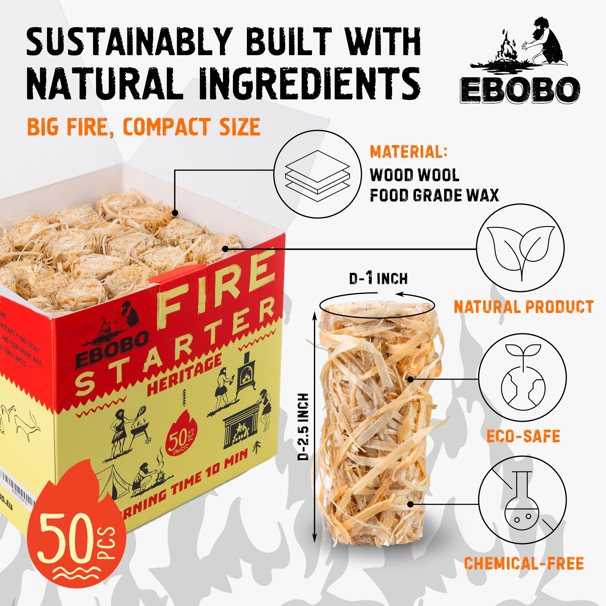 50 pcs Natural Fire Starters for Fireplace, Wood Stove, Charcoal Grill, BBQ, Fire Pit & Smoker ā Wood Wool & Wax Rolls ā Easy to Light, No Prep, No Mess