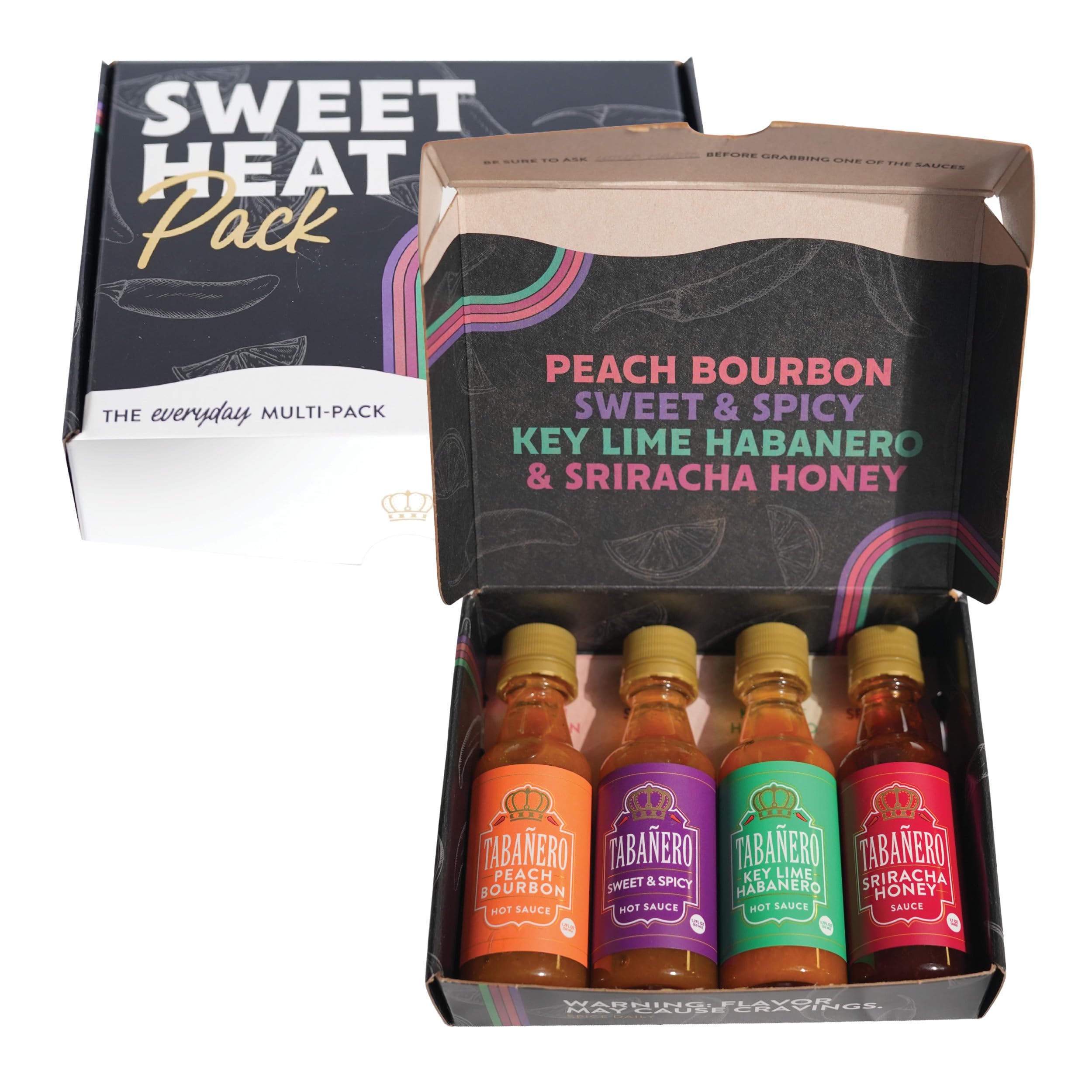 Tabañero Variety Hot Sauce Gift Set, 4 Pack, Kit Includes Peach Bourbon, Sriracha Honey, Key Lime Habanero, Sweet & Spicy, 1.7 oz Mini Glass Bottles, All Natural, Gluten Free, Low Sodium, Kosher, Made in the USA, Easter Gifts for Men