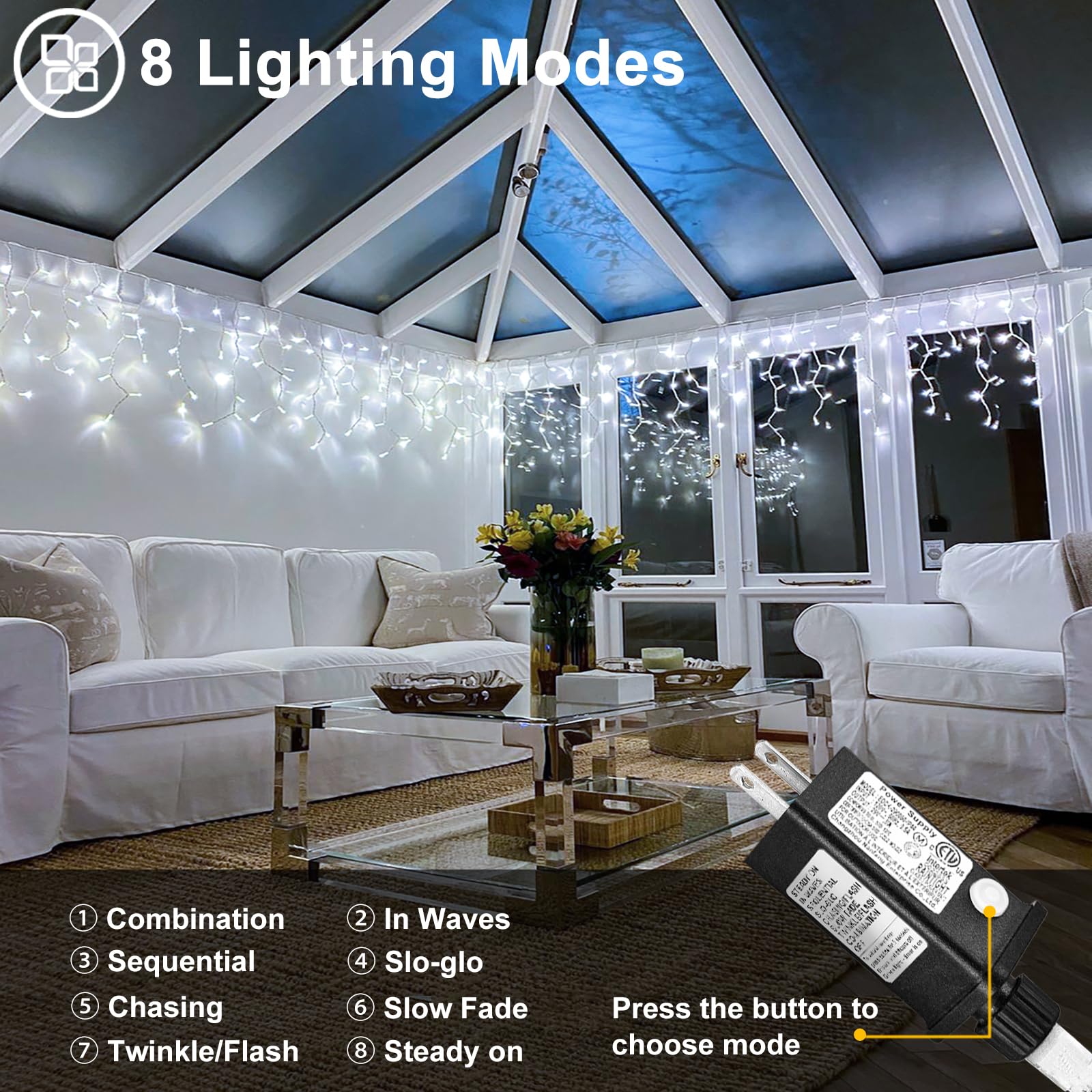 White Christmas Lights Outdoor - 33ft 400 LED Icicle Lights for Outside House, Twinkle Tree Lights Plug in 8 Modes Timer Waterproof for Patio Window Holiday Wedding Party Pathway Indoor Decorations
