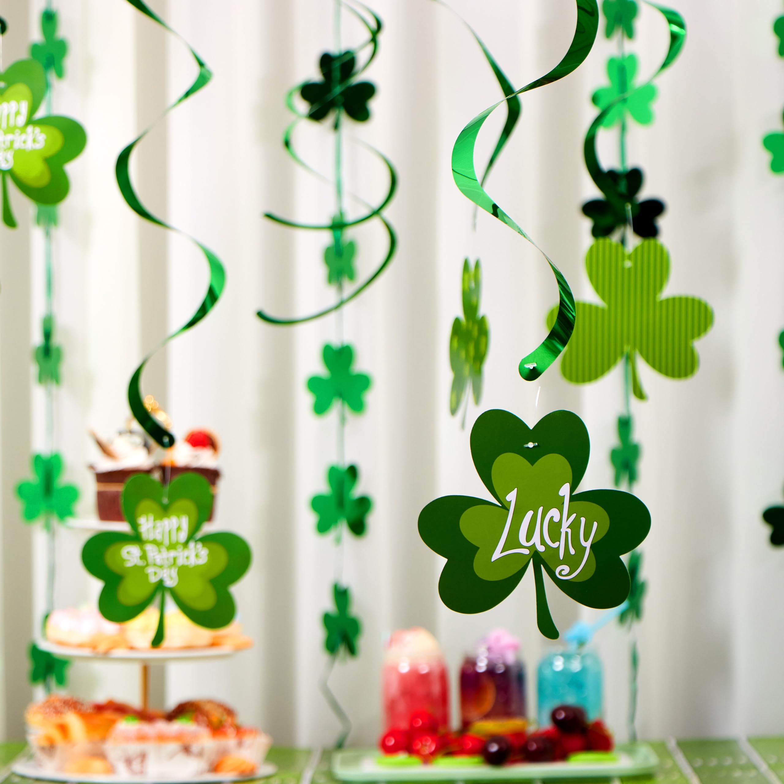 JOYIN 27 Pcs St. Patrick's Day Decoration with Irish Saint Patricks Green Shamrock Foil Strings, Hanging Swirls with Garland. Ceiling Hanging and Wall Decor