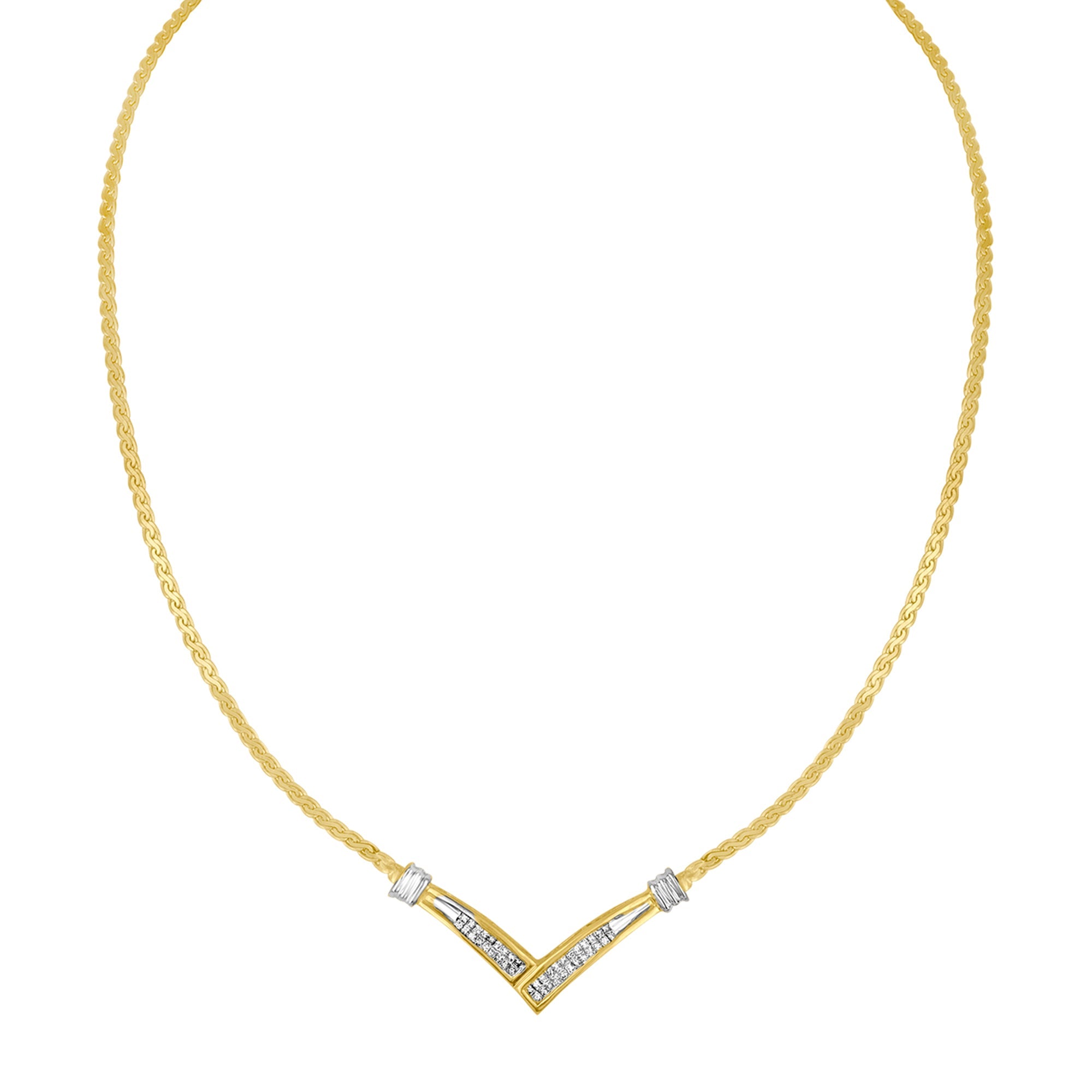 10K Yellow and White Gold 1/2 Cttw Princess Cut Diamond Channel-Set “V†Shape 18" Franco Chain Necklace (H-I Color, SI2-I1 Clarity)