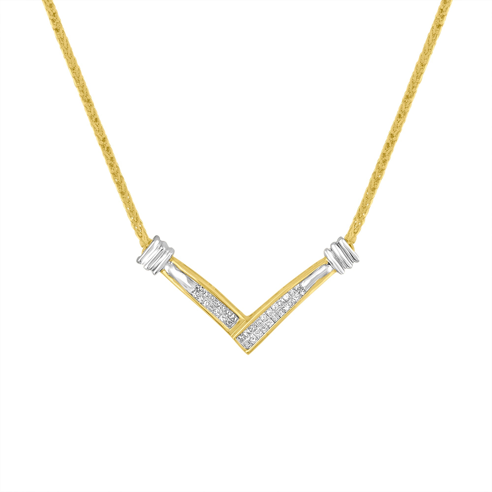14K Yellow and White Gold 1/4 Cttw Princess Cut Diamond Channel-Set “V†Shape 18" Pendant Necklace (H-I Color, SI2-I1 Clarity)
