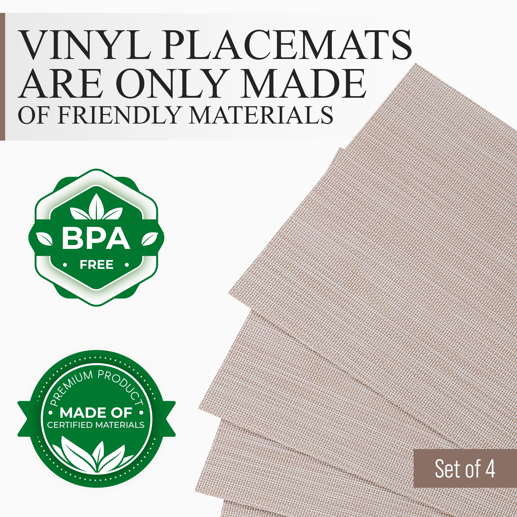 CraftyCrocodile Vinyl Placemats Set of 4 - Heat Resistant, Wipeable, Classic - Indoor & Outdoor Wipeable Place Mats for Dining Table ā Durable Table Mats, 12 x 18 Inch, Beige