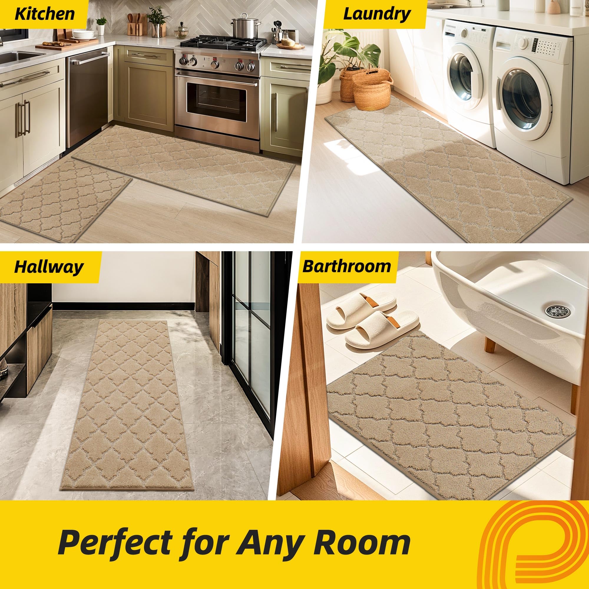JSEI Kitchen Rugs, Non-Slip Kitchen Mats for Floor, Soft Washable Absorbent Kitchen Mats 2 Pieces, Kitchen Carpet Runner with TPR Backing, Polyester, 24”x36”+24”x60”, Beige