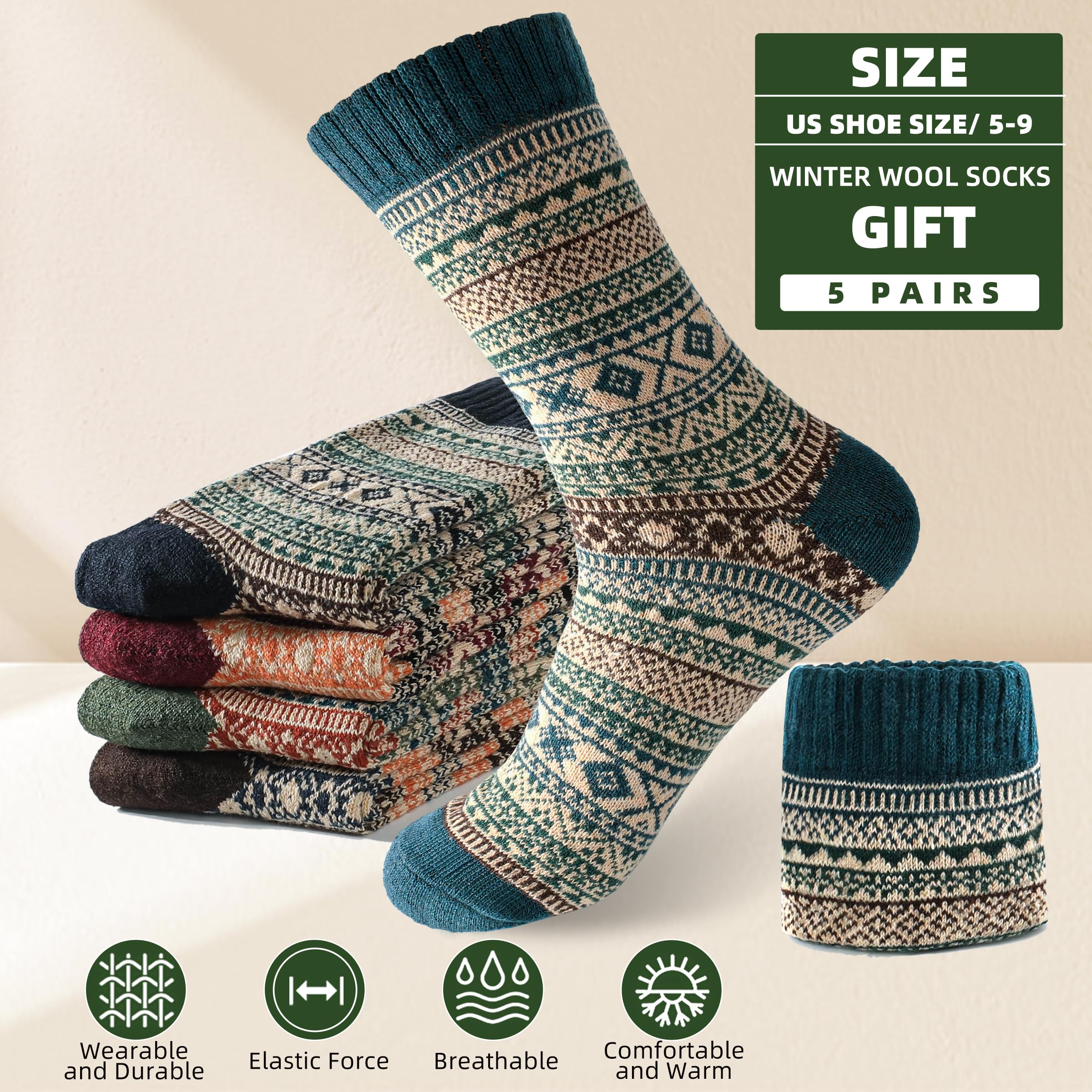 LWWTBS Womens Wool Socks 5 Pairs Warm Winter Socks Knit Wool Socks Soft Vintage Casual Crew Socks Gifts for Women Men (Mul-1)