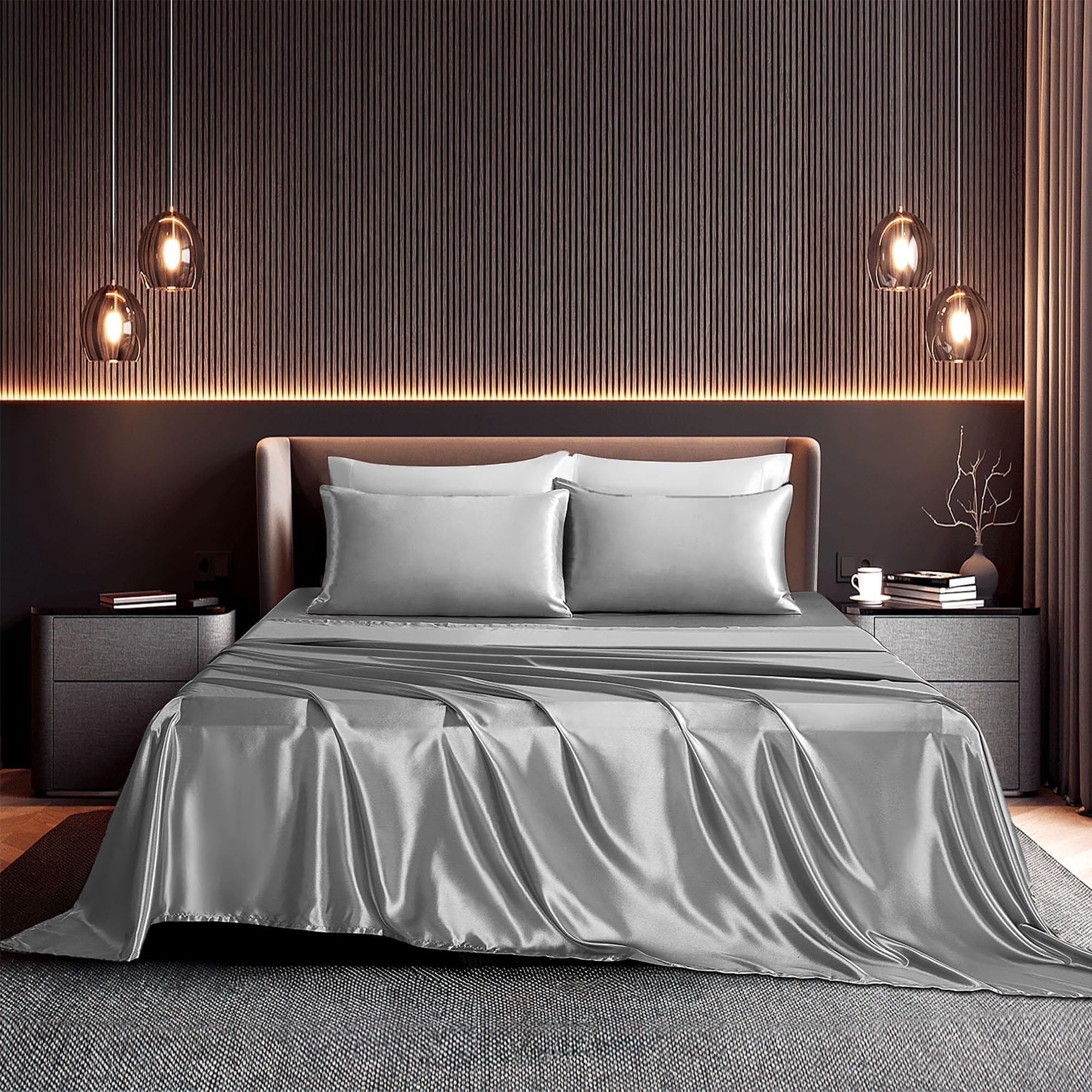 Seasonwood Satin King Size Sheets Set Gray Soft 1800 Microfiber Sheet 4 Pieces 2 Pillowcase 20"x40"