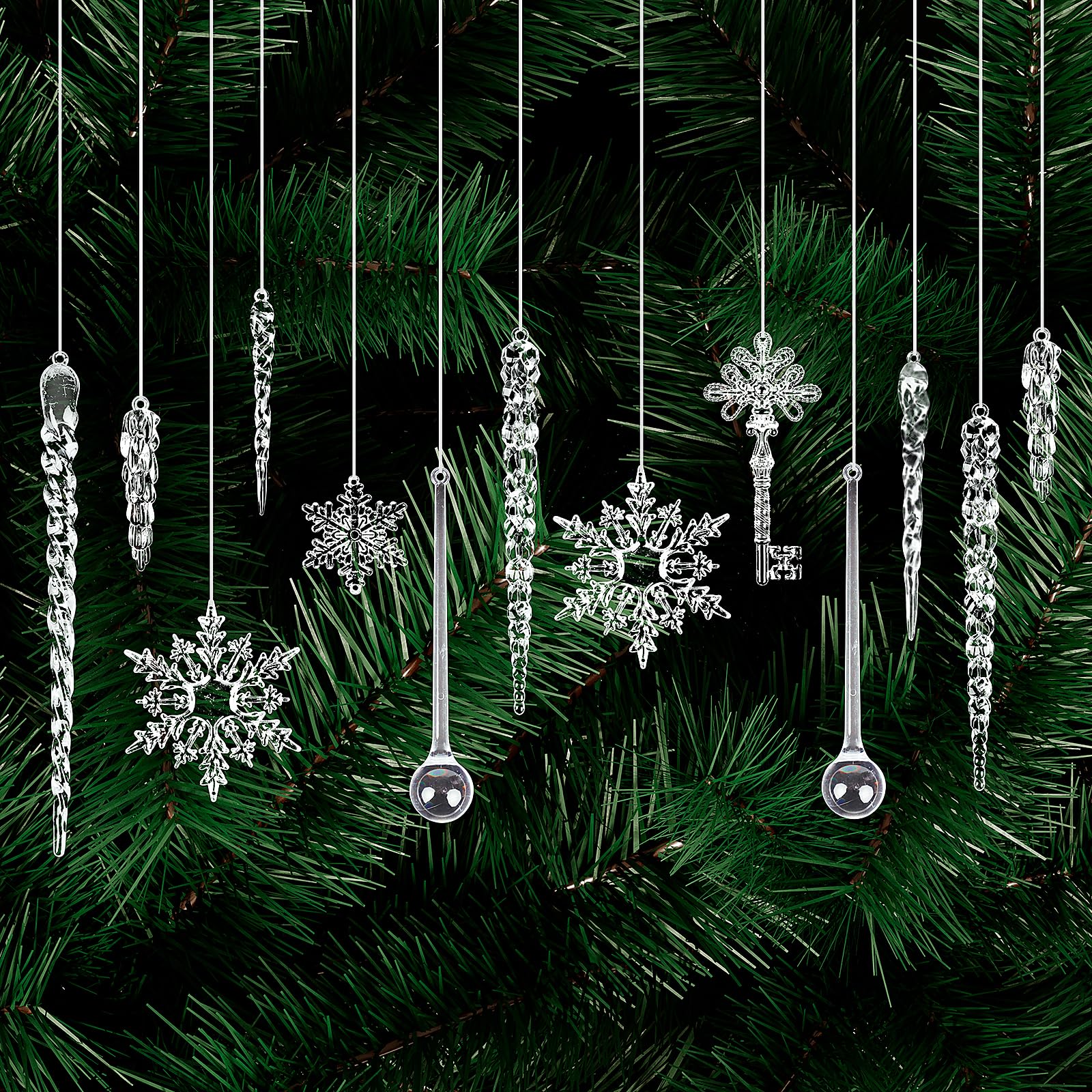 20 Pcs Acrylic Icicles Clear Snowflake Hanging Icicles Simulated Ice Stick Christmas Icicle Ornaments Set for Christmas Tree Pendant Christmas Decorations