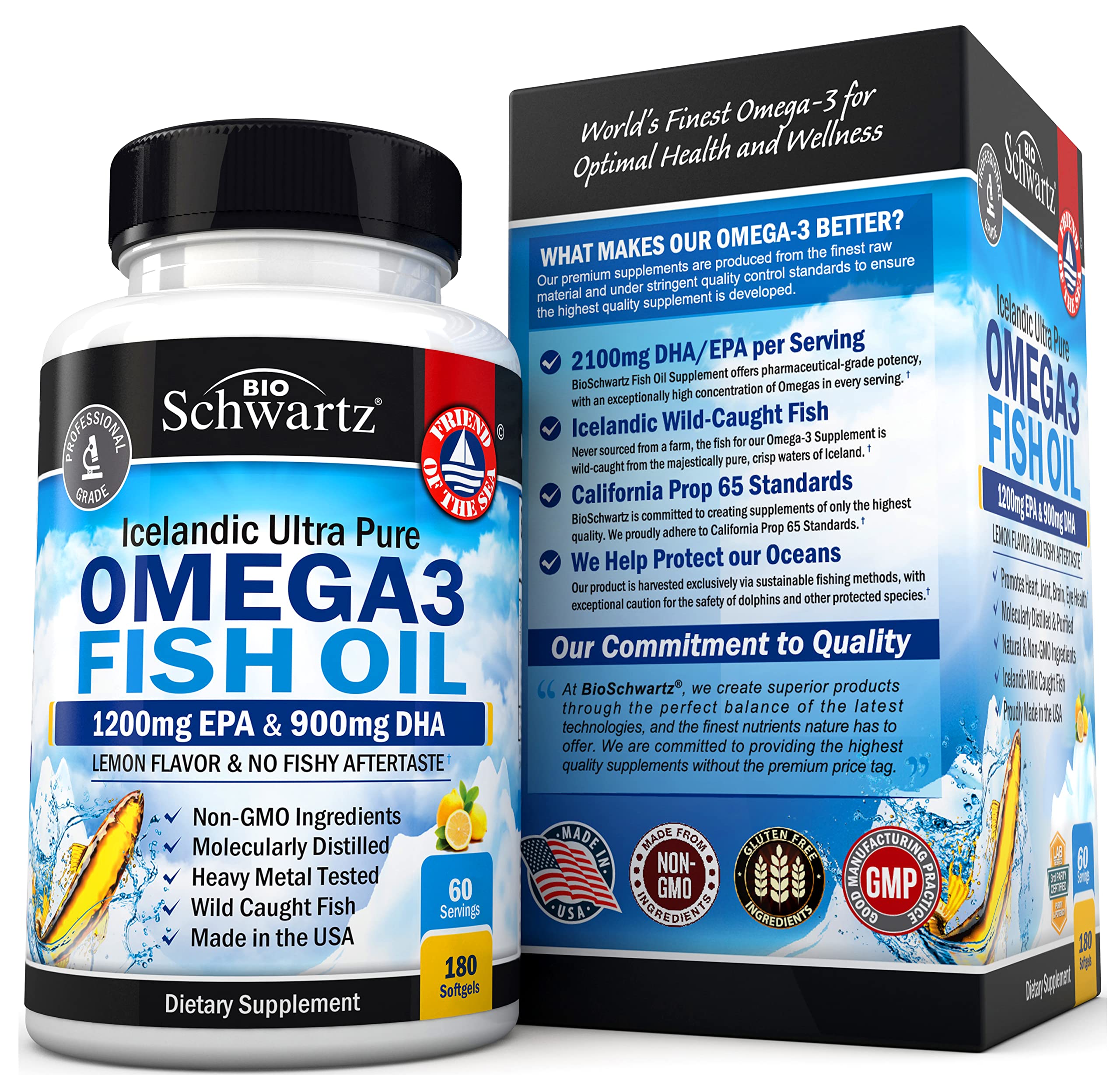 Omega 3 Fish Oil Supplement - 1200mg EPA and 900mg DHA Fatty Acid Per Serving from Wild Caught Fish - Supports Joint, Eyes, Brain & Skin Health - Burpless Lemon Flavor, Gluten-Free, 180 Softgels
