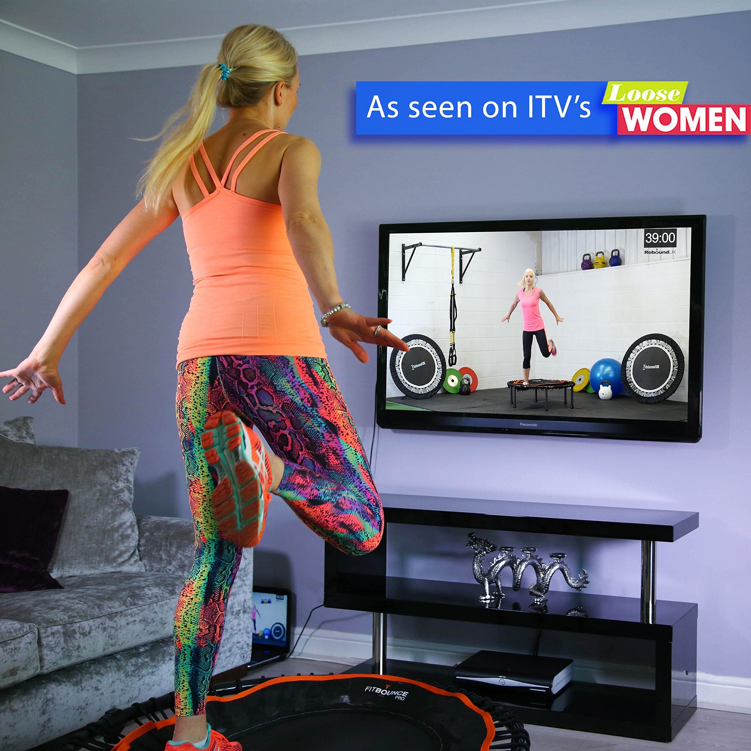 FIT Bounce PRO USA Bungee Rebounder | Assembled | Half Folding | Silent & Beautifully Designed Pro Indoor Mini Trampoline for Adults & Kids | DVD & Online Workouts,Storage Bag & Bounce Counter