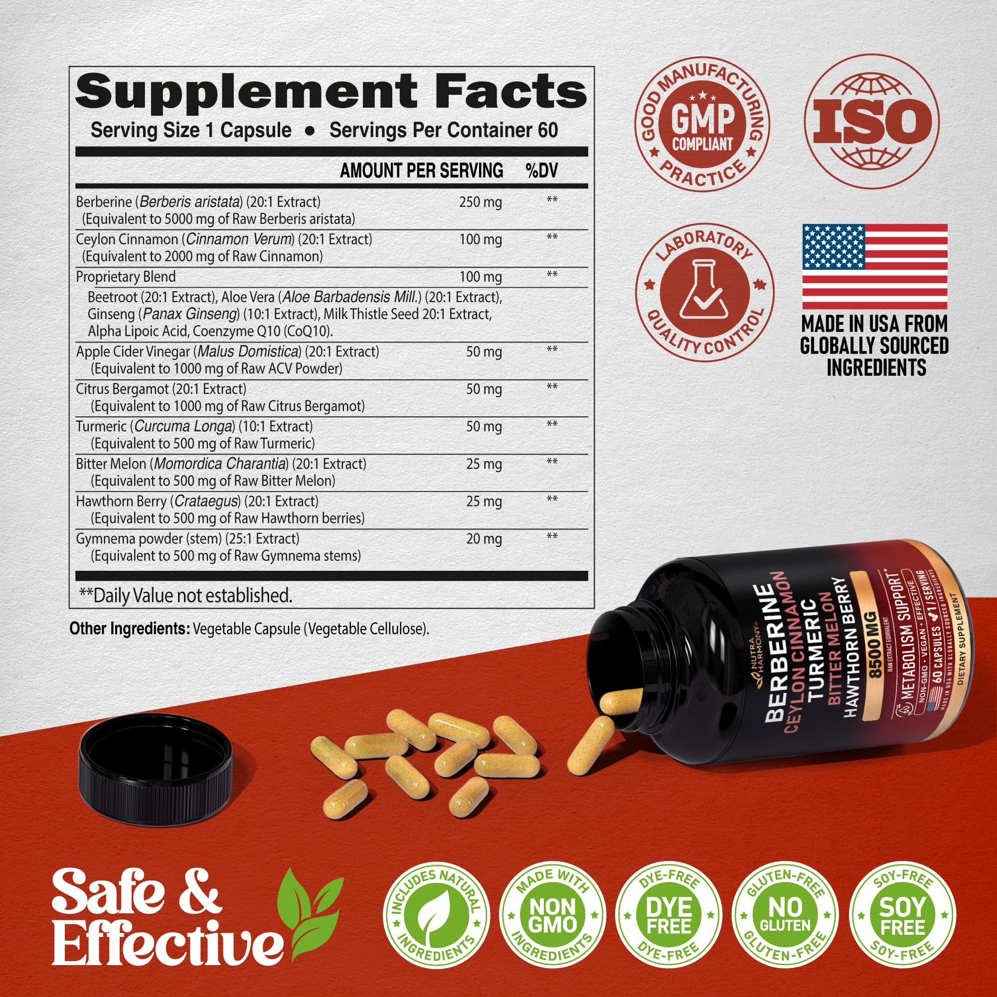 Berberine with Ceylon Cinnamon 8500 mg Apple Cider Vinegar | Hawthorn Berry | Citrus Bergamot | Bitter Melon | CoQ10 - 14-in-1 Supplement for Heart Support, Metabolism & Energy - Vegan, 60 Capsules