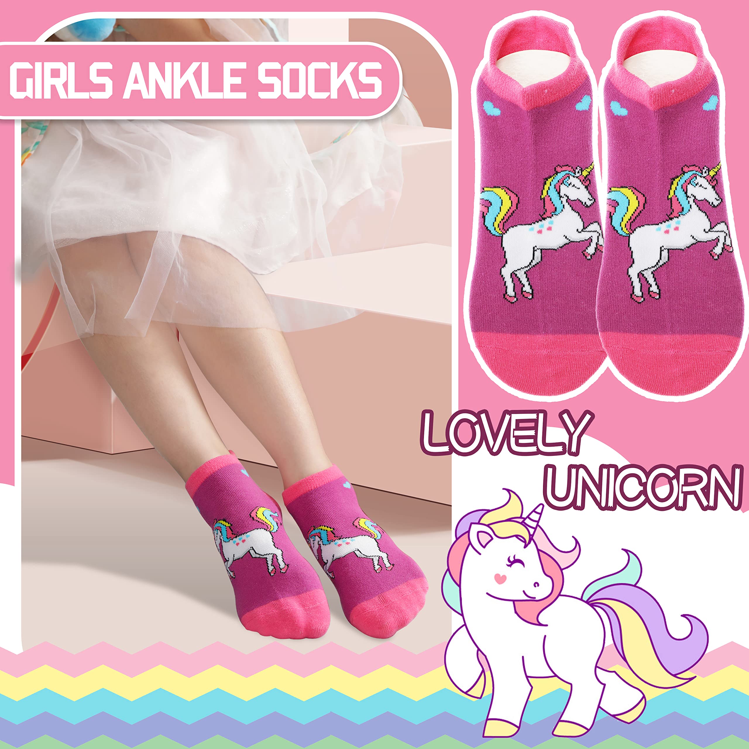 ANTSANG Kids Girls Toddler Unicorn Socks Ankle Low Cut No Show Cute Silly Novelty Fashion Cartoon Gifts Stocking Stuffers Socks 6 Pairs (Unicorn,5-8 Y)