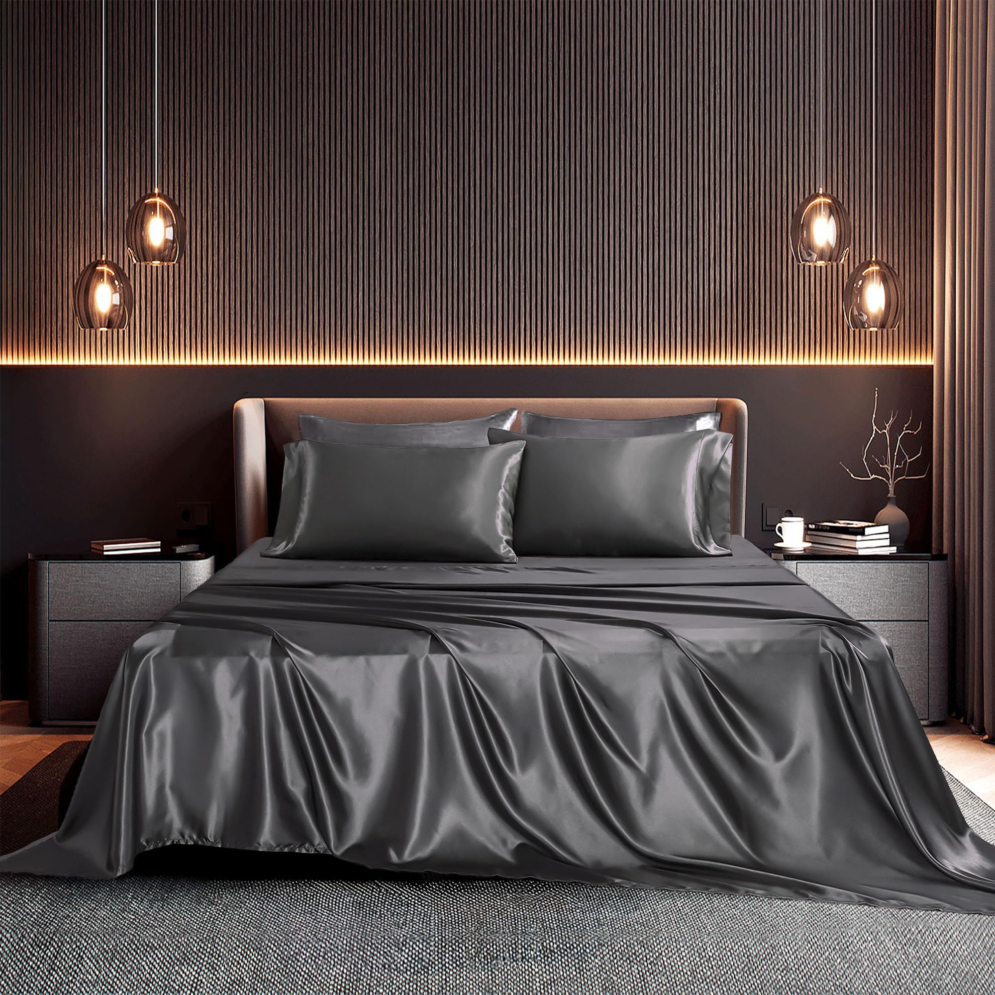 Seasonwood White Satin Sheets King Size 4 Pieces White Bed Set with 2 Pillowcase 20"x40" Microfiber