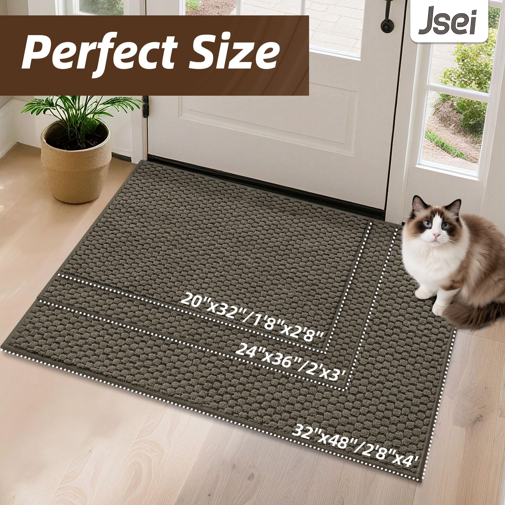 JSEI Dirt Trapper Door Mat 32"x48", Non-Slip Entryway Rugs Doormat Indoor, Washable Absorbent and Stain Resist Welcome Floor Mat for Front Door, Dog Door Mat, Muddy Wet Shoes & Paws, Greyish Brown