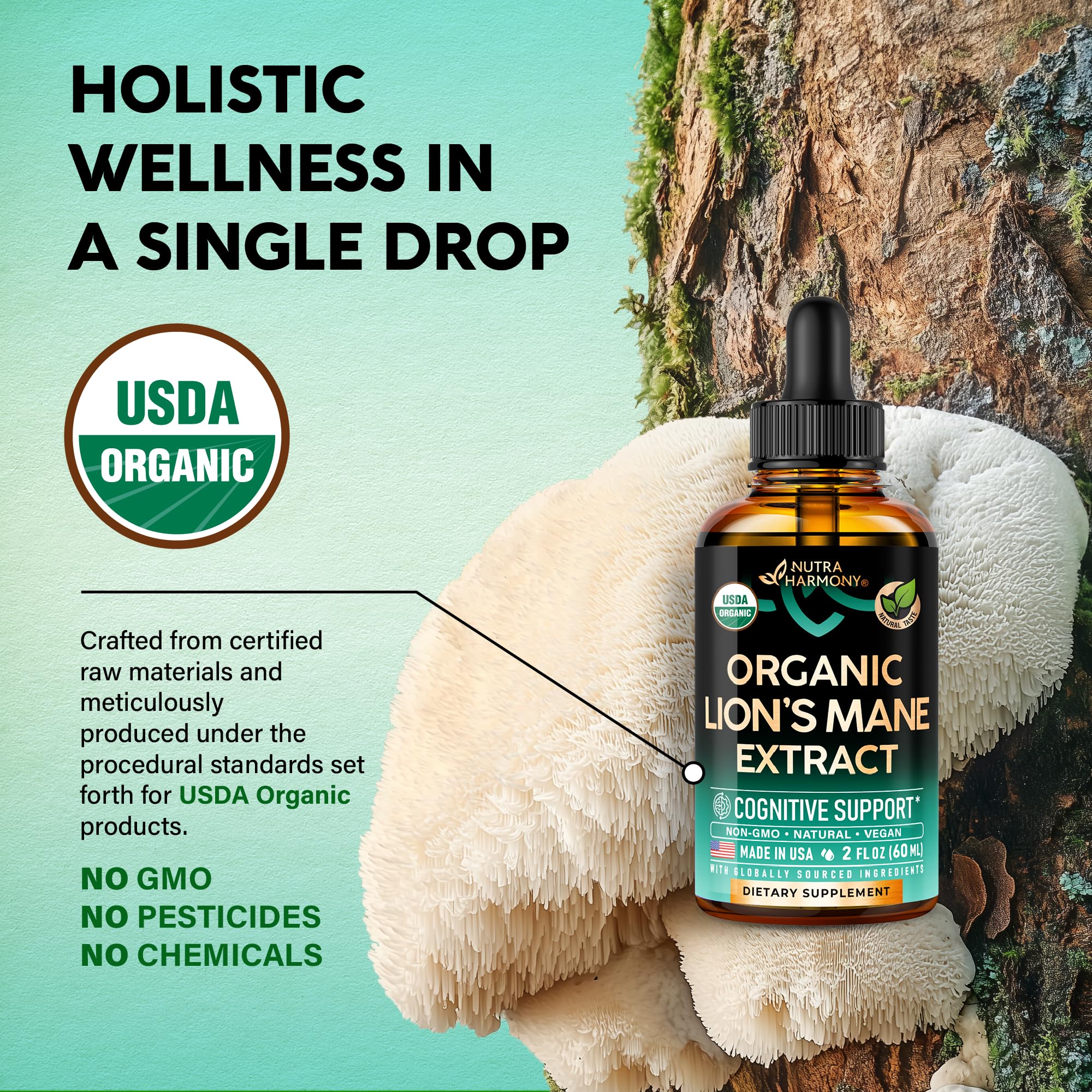 Lions Mane Liquid - USDA Certified Organic Lions Mane Supplement - Brain Support, Energy, Memory & Focus - Sugar & Alcohol-Free Lion's Mane Mushroom Extract 72,000 mg / Bottle, 2 Fl OZ, 2 Month Supply