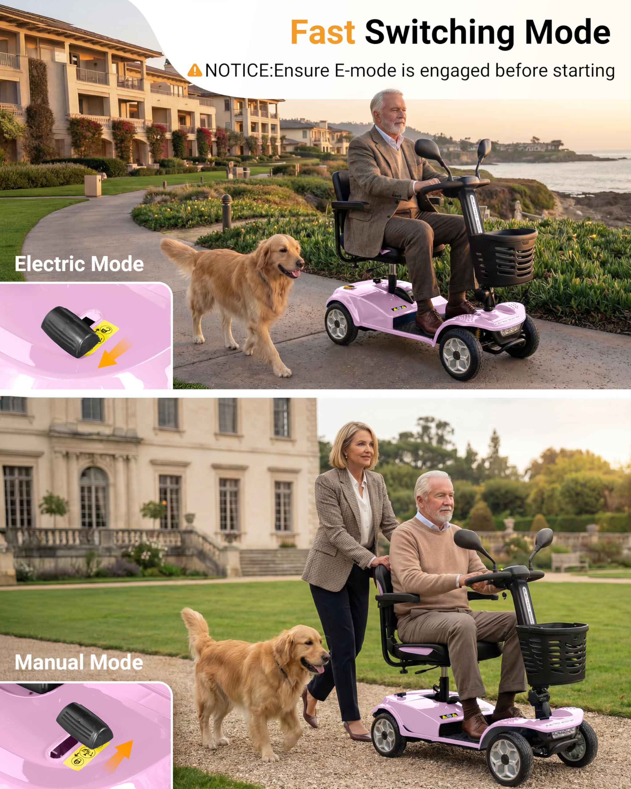 4 Wheel Mobility Scooter 400 LB Capacity, Heavy Duty Electric Scooter for Adults with Adjustable Seat & 27.6” Armrest Spacing, Powered Mobility scooters for Commuting Community & Outdoor Camping, Pink