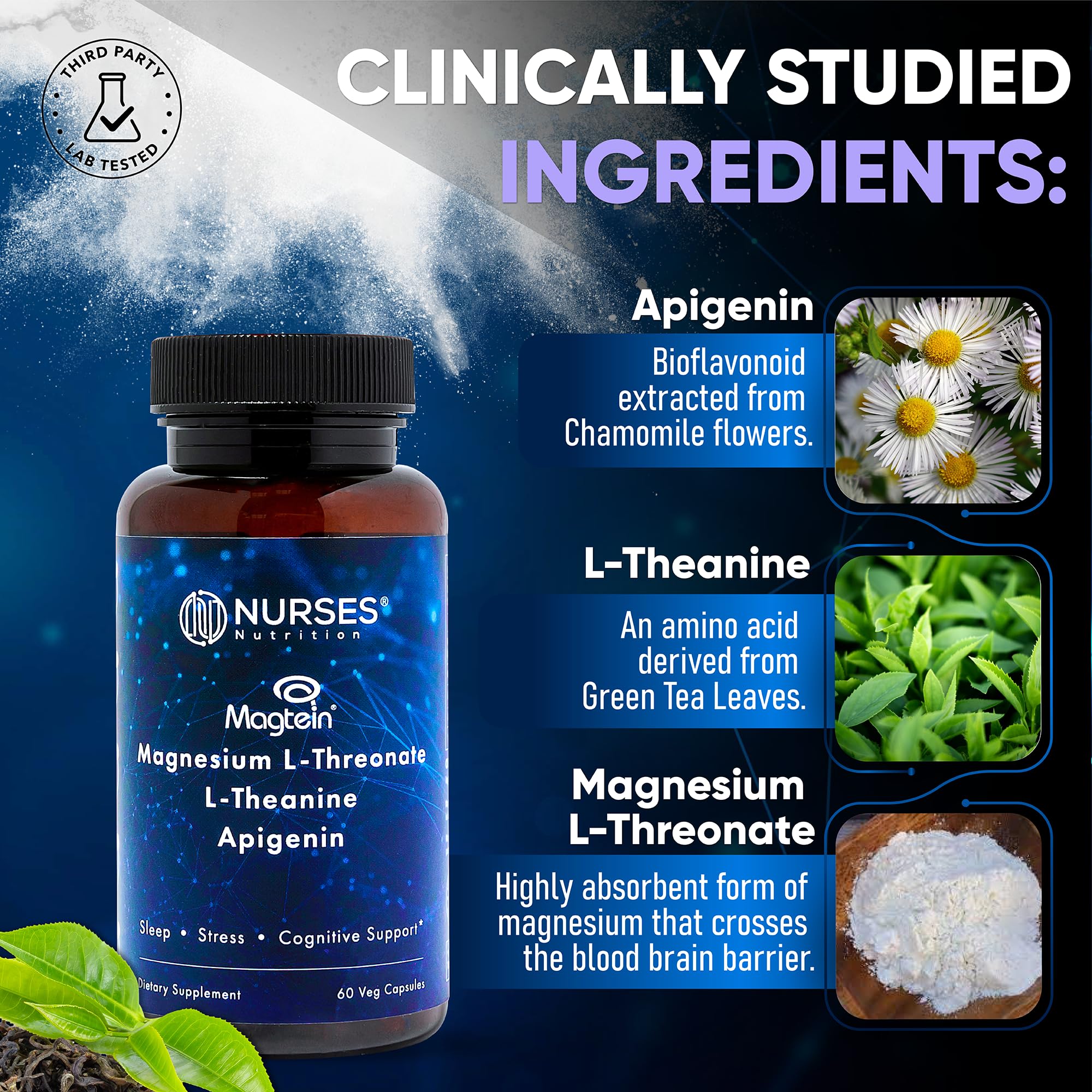 Clinically Studied โ Premium High Absorption Magnesium Sleep Supplement โ Magnesium L-Threonate L-Theanine Apigenin โ Sleep & Stress Support โ Third Party Tested โ Made in USA โ Gluten Free