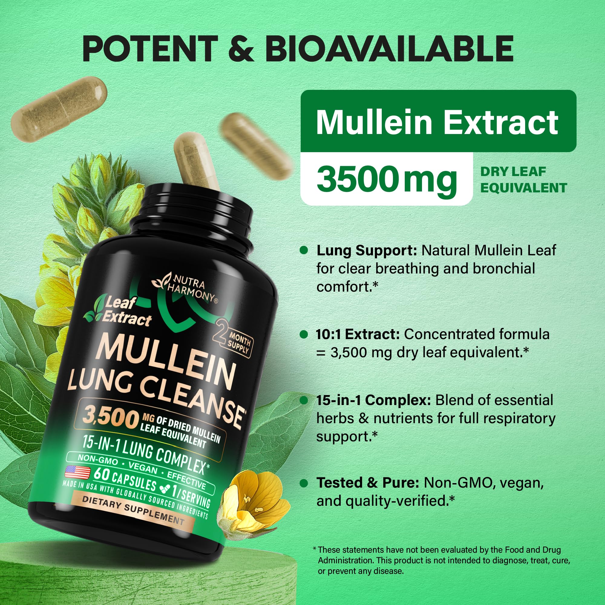 Mullein Leaf Extract for Lung Detox - Marshmallow Root | Echinacea | Oregano | Quercetin | NAC - 15-in-1 Lung Support & Cleanse for Smokers Supplement - Made in USA - As Drops, Tincture - 60 Capsules
