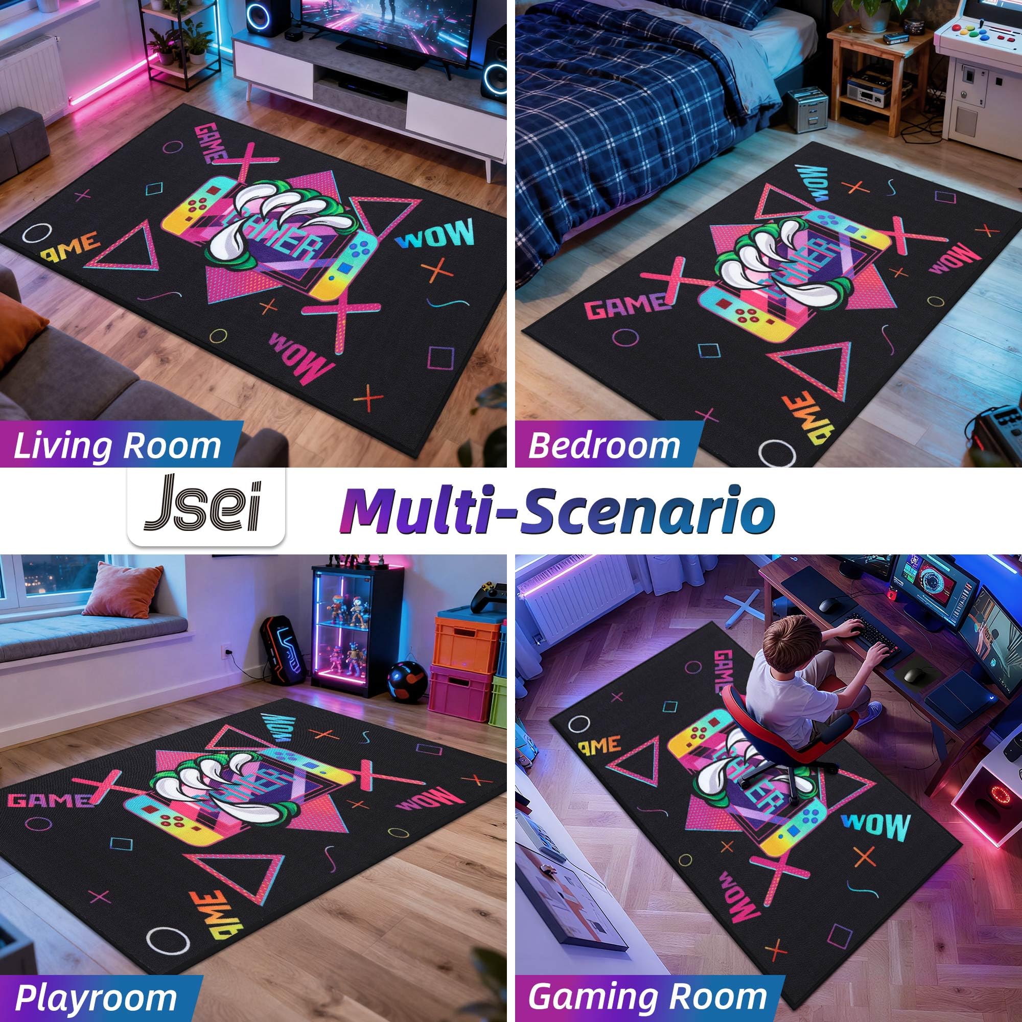 JSEI Gaming Rug for Kids Teens 32"x60" Machine Washable, Video Game Kids Rug with Paw and Controller Pattern, Non-Slip Gaming Floor Carpet Mat for Playroom, Living Room&Bedroom, Black