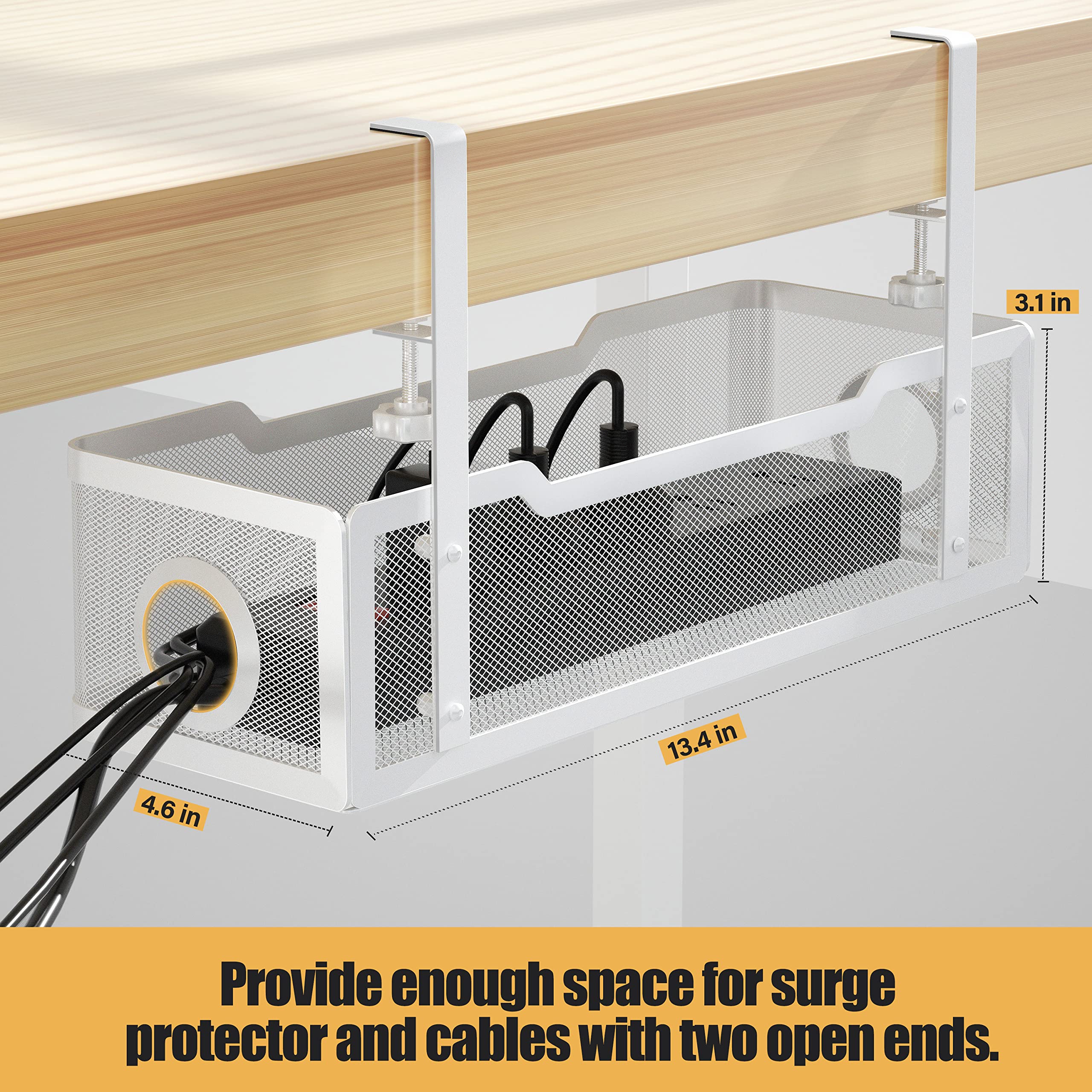 Under Desk Cable Management Tray White, Cinati Cable Management Under Desk No Drill, Cable Tray with Clamp for Desk Wire Management,Desk Cable Management Box for Office, Home - No Damage to Desk