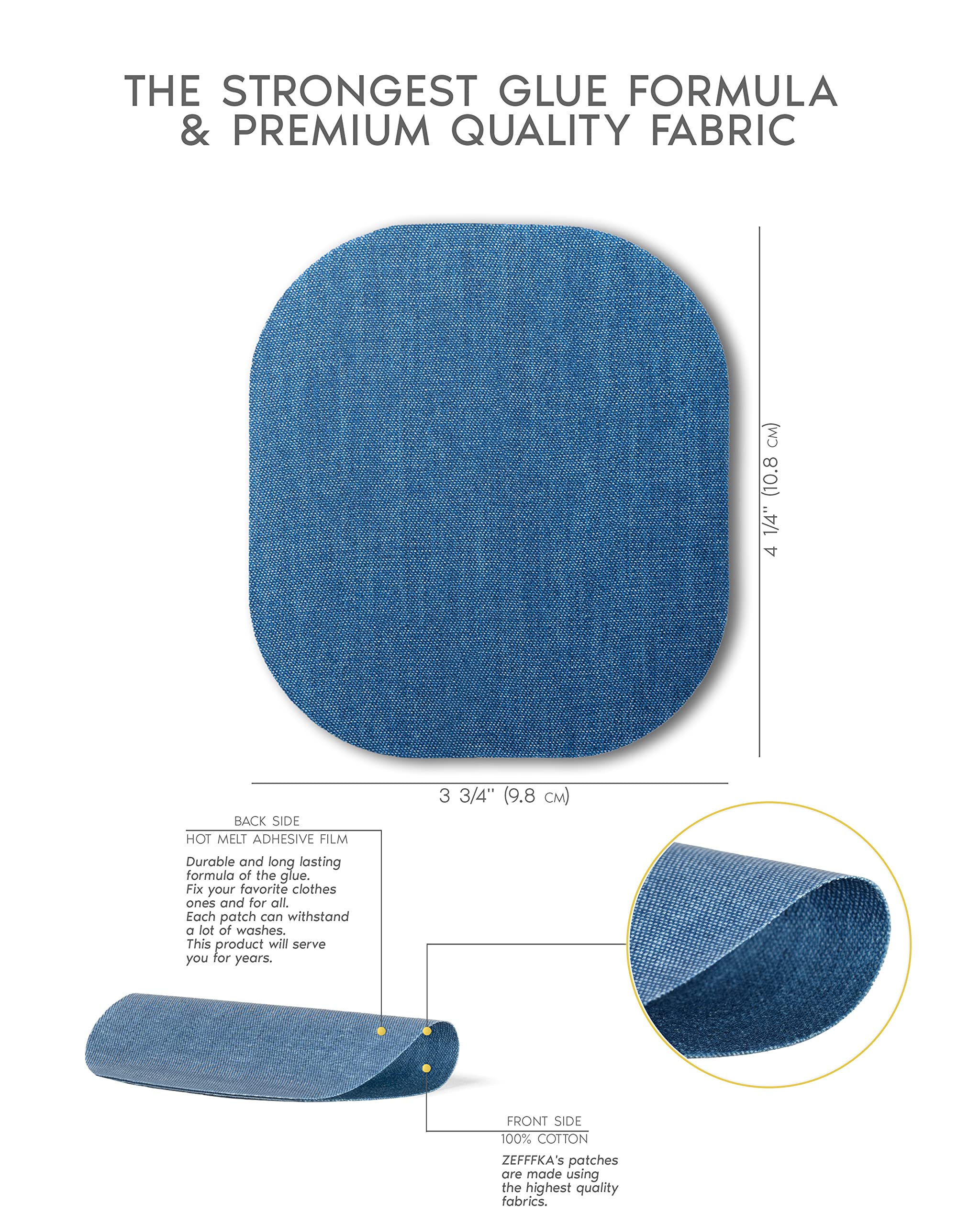 ZEFFFKA Denim Iron-on Jean Patches Inside & Outside Strongest Glue 100% Cotton Assorted Shades of Blue Black Repair Decorating Kit 10 Pieces Size 4-1/4" by 3-3/4" (9.8 cm x 10.8 cm)
