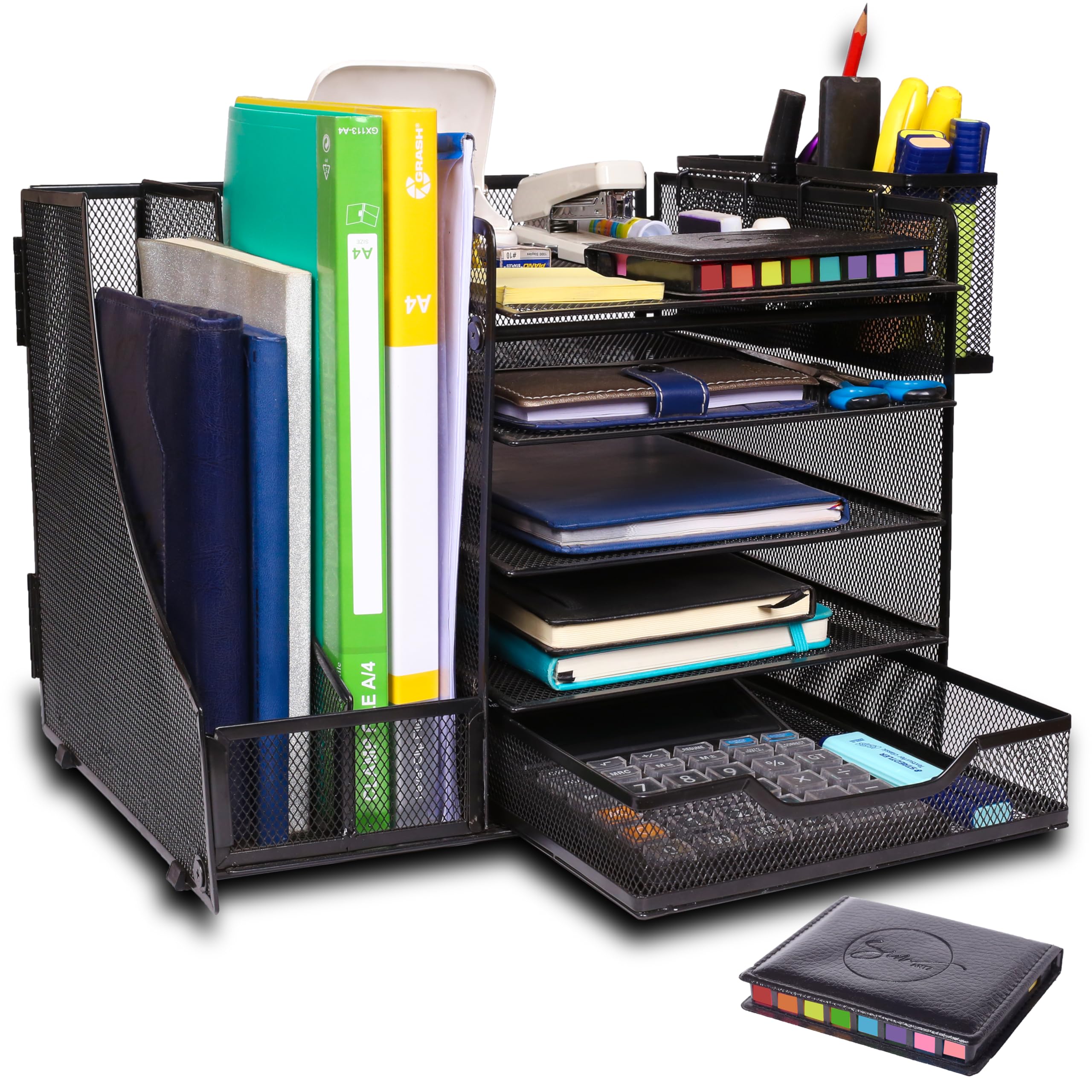 SimArtz 5-Tier Paper Letter Tray Organizer with File Holder - Desk Organizer with Drawer and Pen Holders, Rust-Resistant Metal Mesh Desktop Organizer - Perfect for Home & Office Supplies (Black)