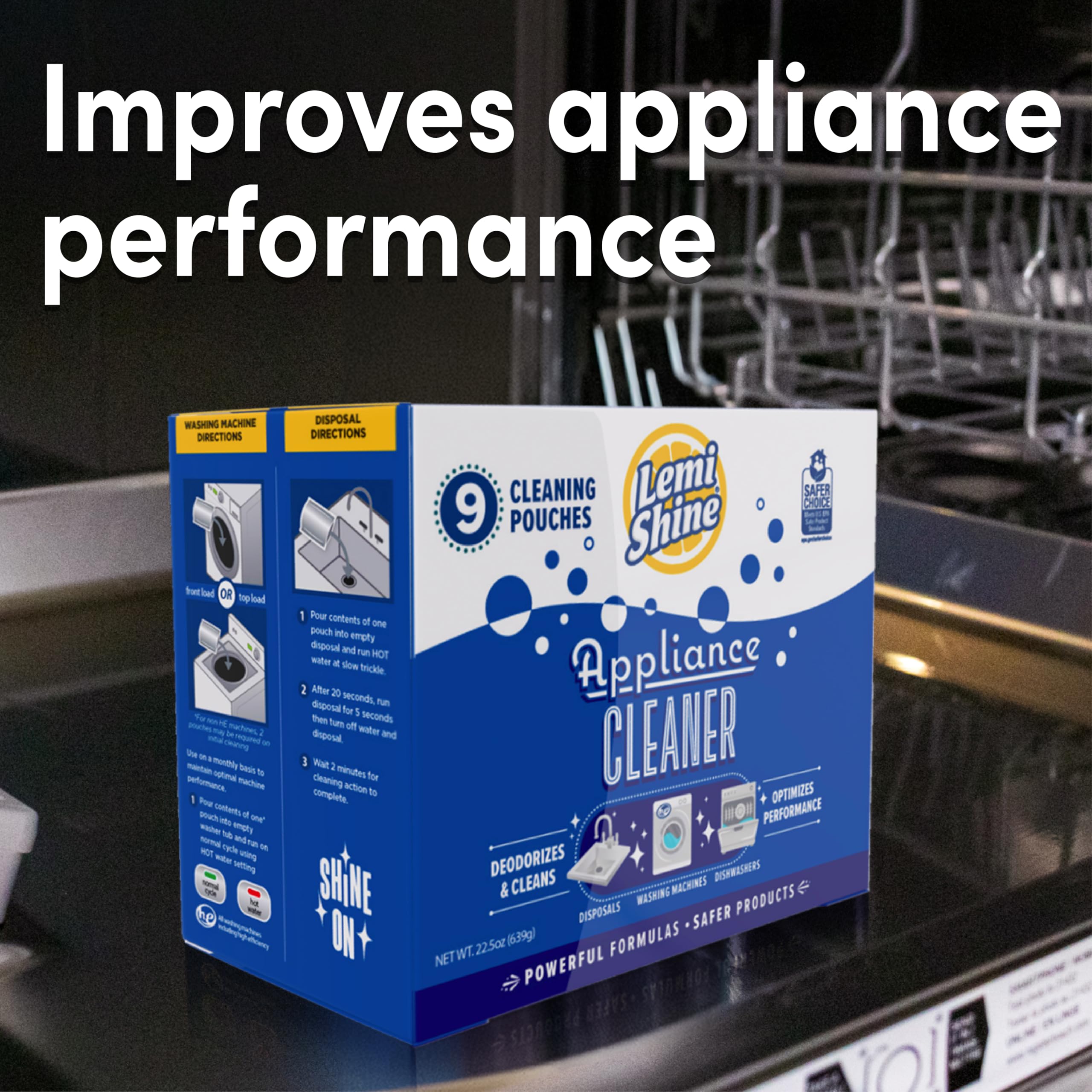 Lemi Shine Appliance Cleaner & Deodorizer | Powered by Citric Acid | 100% Guaranteed To Clean | Works As A Dishwasher, Washing Machine, & Garbage Disposal Cleaner, 9 Pouches