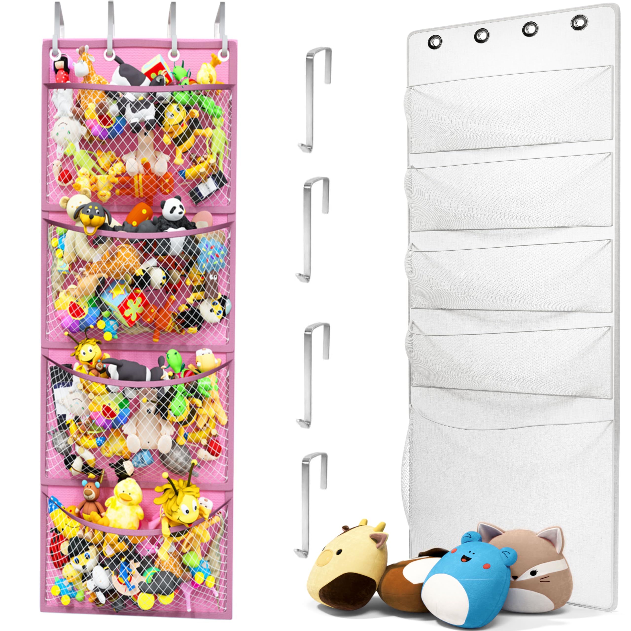 Honeyera Complete Plush & Toy Storage Bundle Pink Stuffed Animal Organizer & Squishmallow Holder – Quick Install, Perfect for Small Spaces