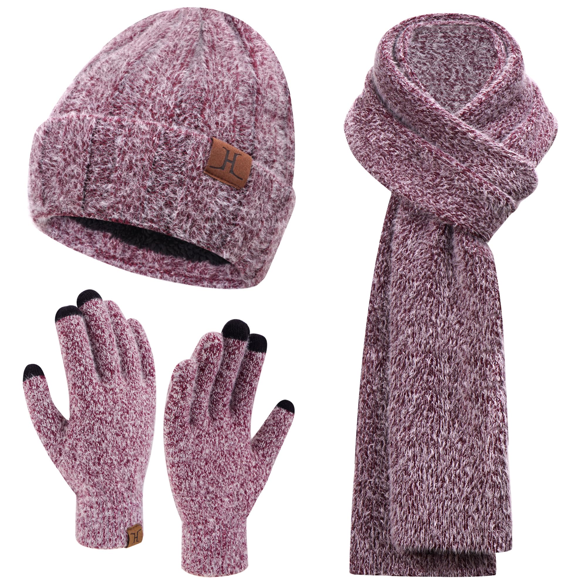 Womens Winter Warm Knit Beanie Hat Touchscreen Gloves Long Neck Scarf Set with Fleece Lined Skull Caps Gifts for Women
