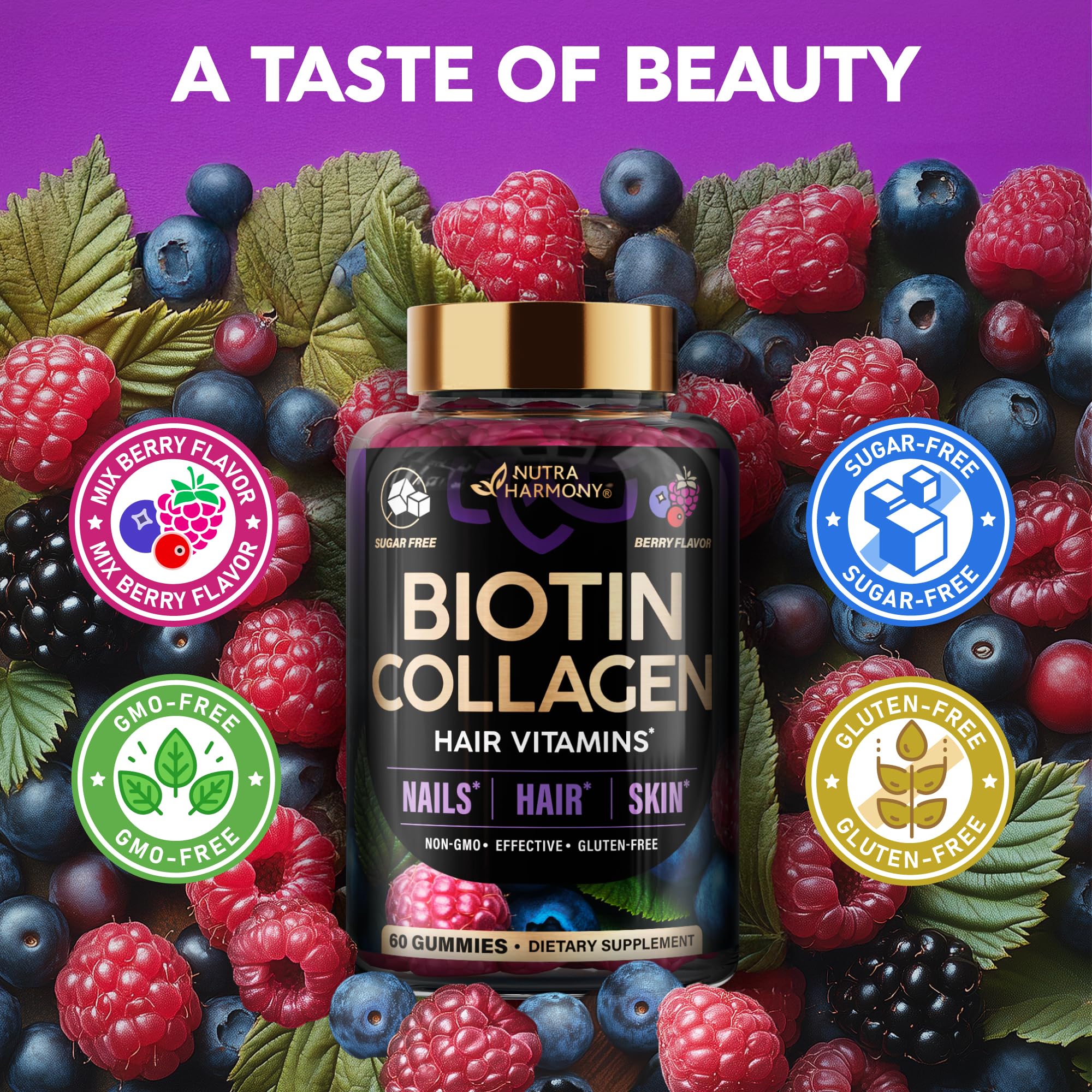 Biotin Gummies with Collagen - Hair Growth Support Skin, & Nail Strength - for Women & Men - Biotin 10000mcg | Keratin | Hyaluronic Acid | B-Complex | Saw Palmetto - Sugar-Free, Mixed Berry, Pack of 2