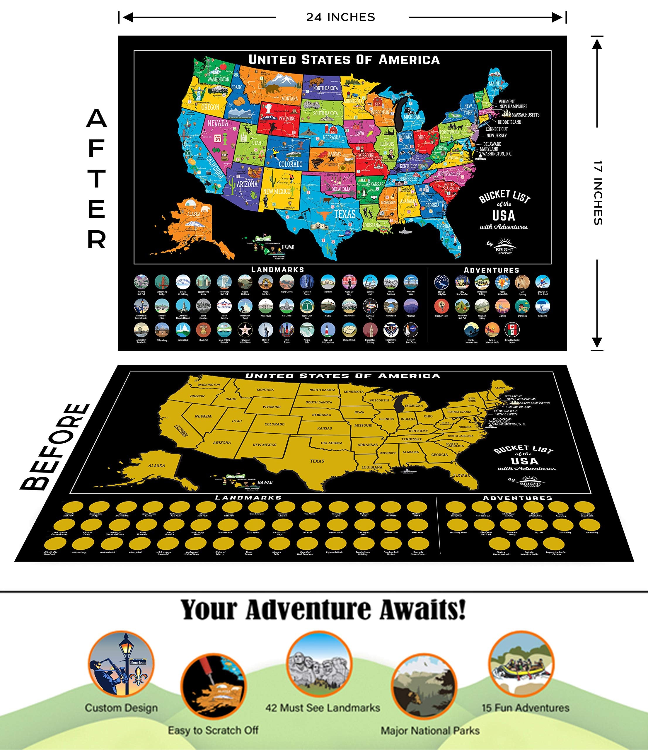 Bright Standards Scratch Off Map of United States + All 63 US National Parks Scratch Off Poster, 85 USA Landmarks, Travel Map Kit, 50 State Photo Wall Adventure Maps, Journal Gifts for Travelers