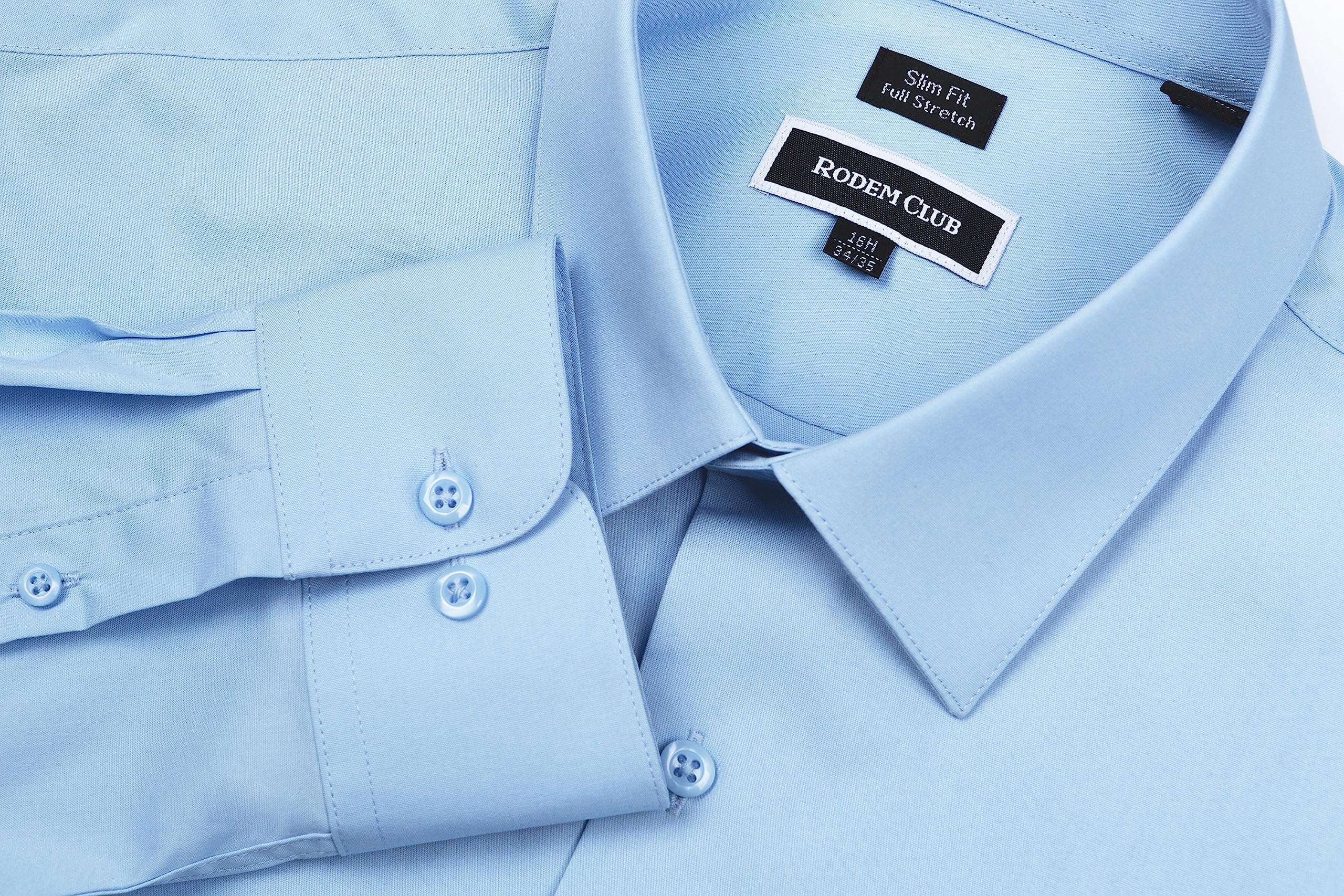 RODEM CLUB Men's Dress Shirt Slim Fit Long Sleeve Full Stretch Wrinkle-Resistant Business Casual Solid Button Down Shirts (Light Blue, 17" Neck 34"-35" Sleeve)