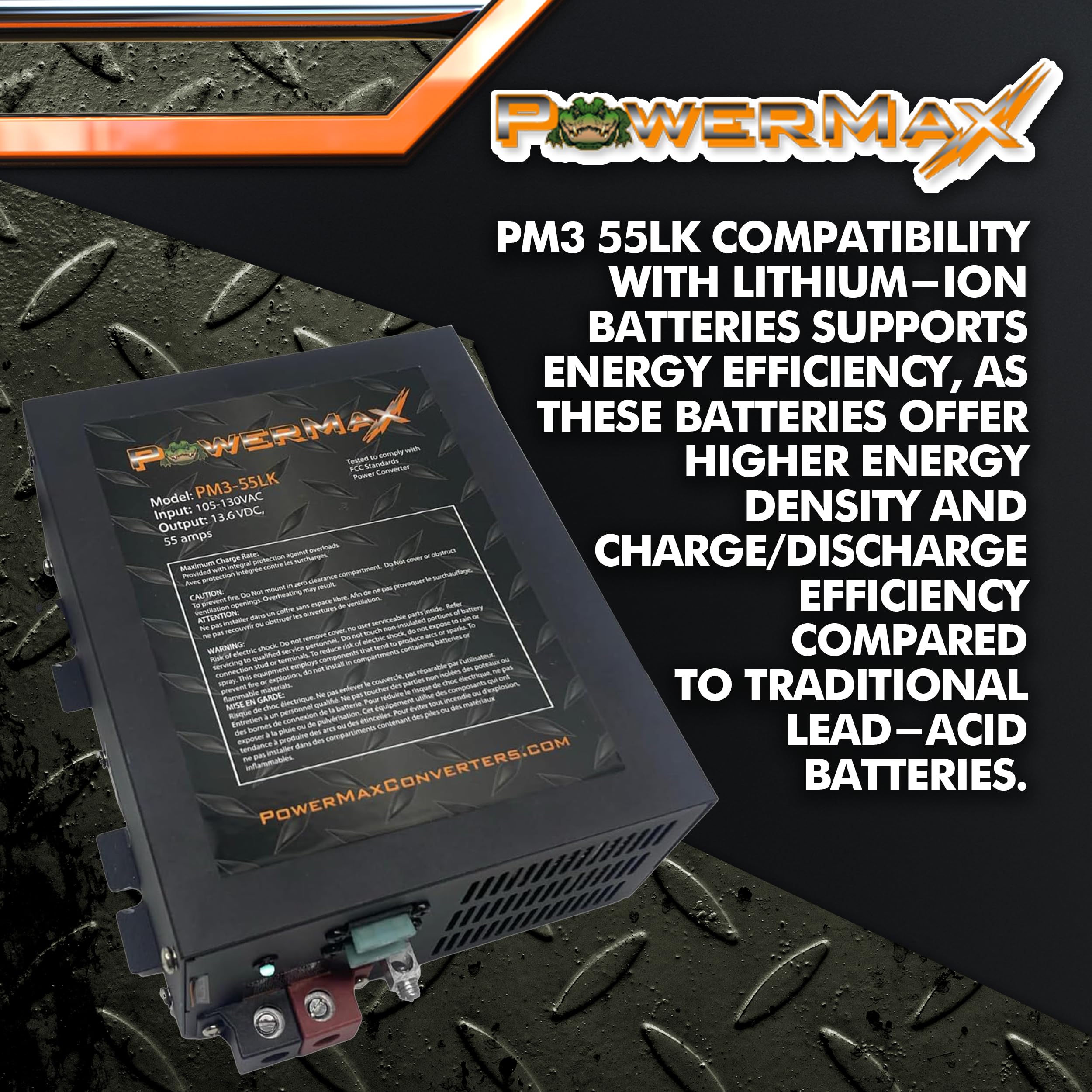 Powermax RV Converter | 55 Amp | 12V Power Converter with Built-in 4 Stage Smart Battery Charger | 110V AC to 12V | Lithium Compatible | Fully Adjustable Output from 13V to 16.5V | PM3 55LK
