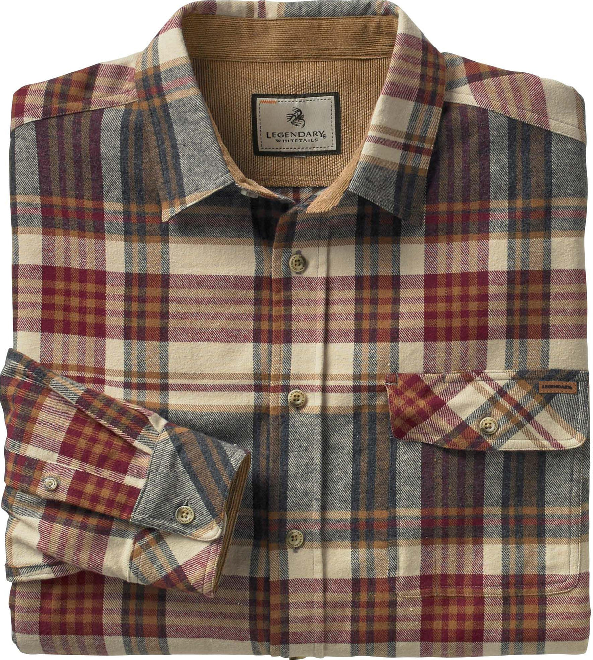 Legendary Whitetails Men's Standard Buck Camp Flannel, Long Sleeve Plaid Button Down Casual Shirt, Corduroy Cuffs, Cedarwood, Large